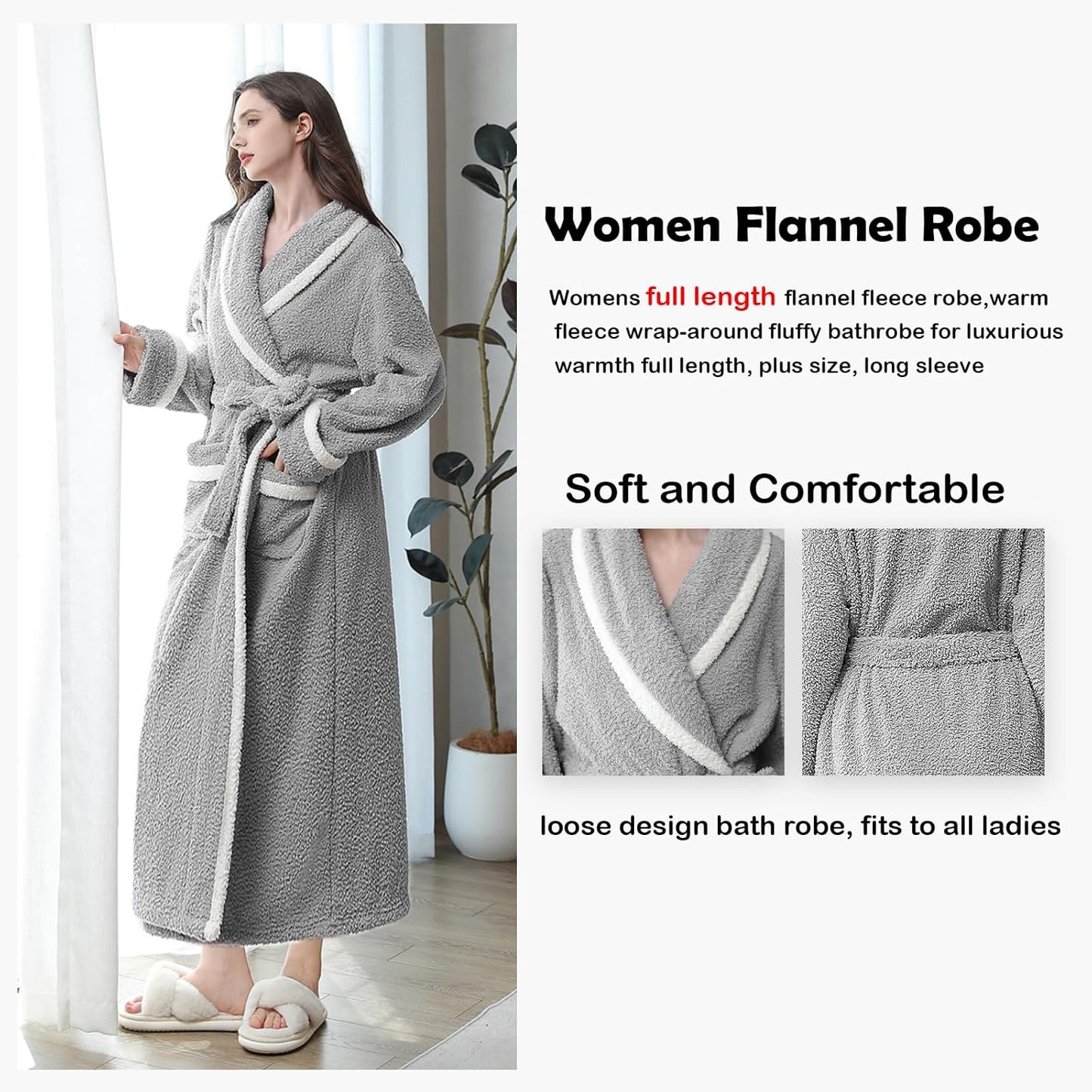 Oksun Womens Long Fleece Robe: Soft Fluffy Warm Bathrobe - Cozy Winter Housecoat Nigthgown with Chic Piping