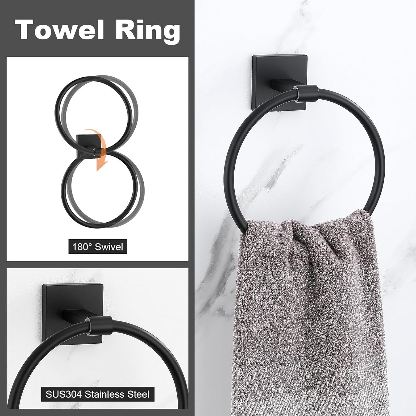 Matte Black Towel Bar Set, 5 Pieces Double Dase Toilet Paper Holder Bathroom Hardware Set, 23.6 Inch Stainless Steel Towel Racks for Bathroom Wall Mounted