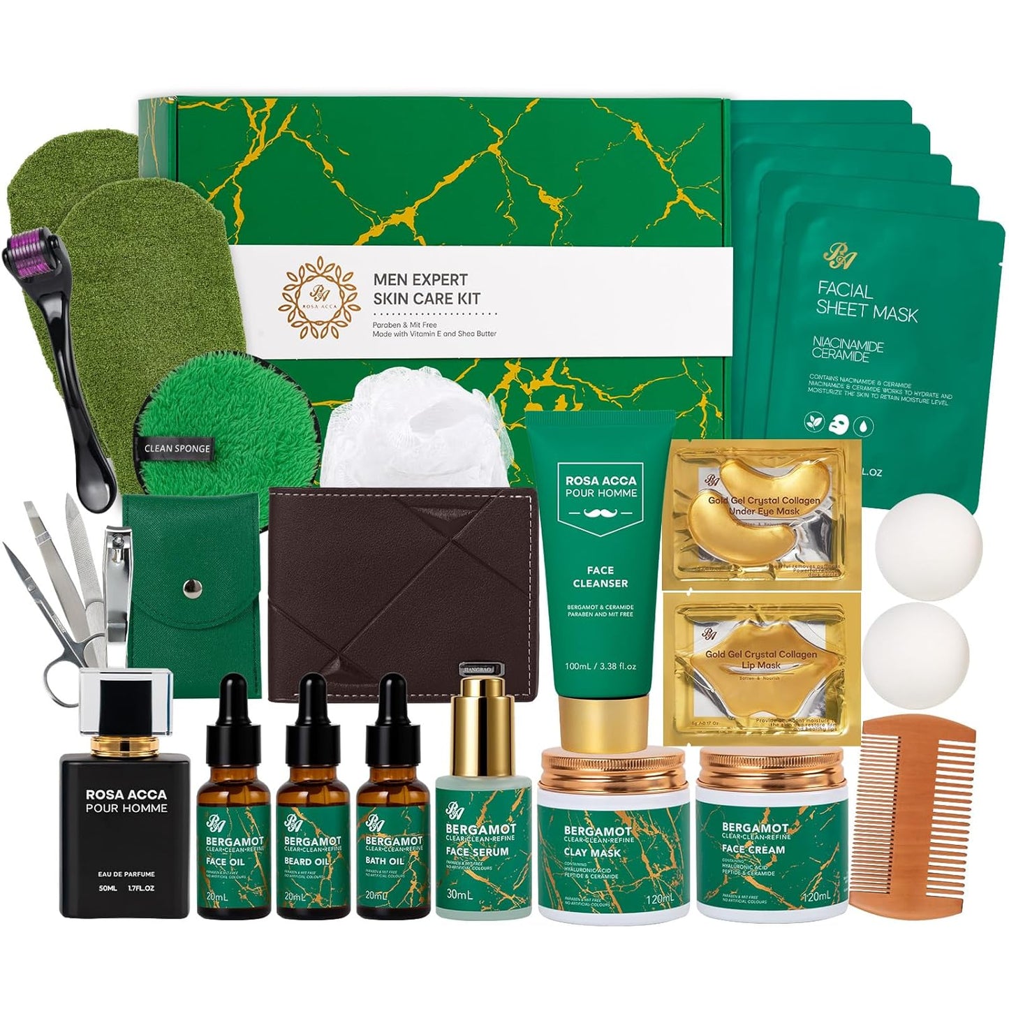 Christmas Gifts for Men, 30 Pcs Men Bergamot Facial Skin Care Set, Beard Grooming Kit, Spa and Bath, Self-Care Gift, Face Cleanser, Beard Oil, Serum, Parfume, Birthday, Valentines, Husband, Dad