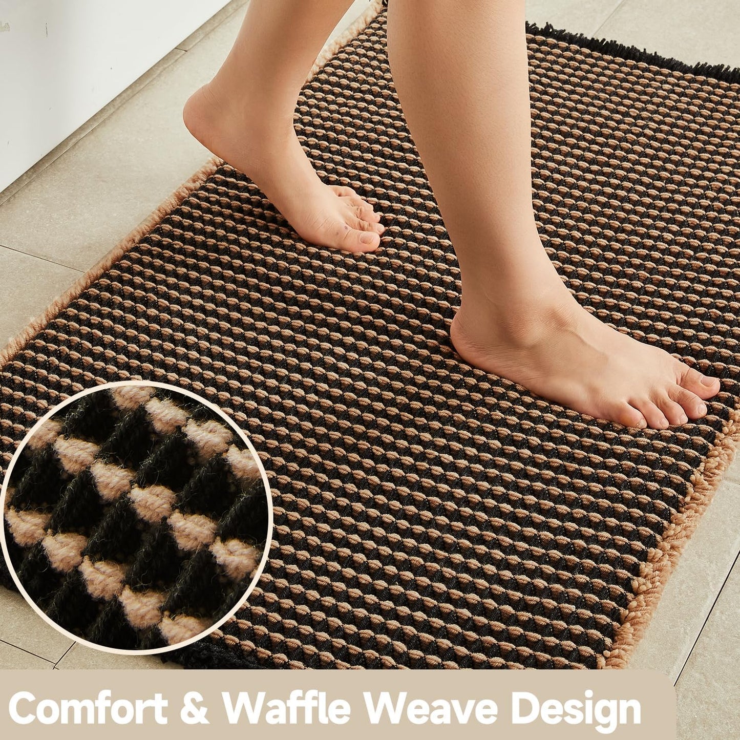 Waffle Bath Mat, Boho Bathroom Rugs Non Slip Washable Super Absorbent Quick Dry Bath Mat Farmhouse Bathroom Decor, 24"x16" Khaki and Black