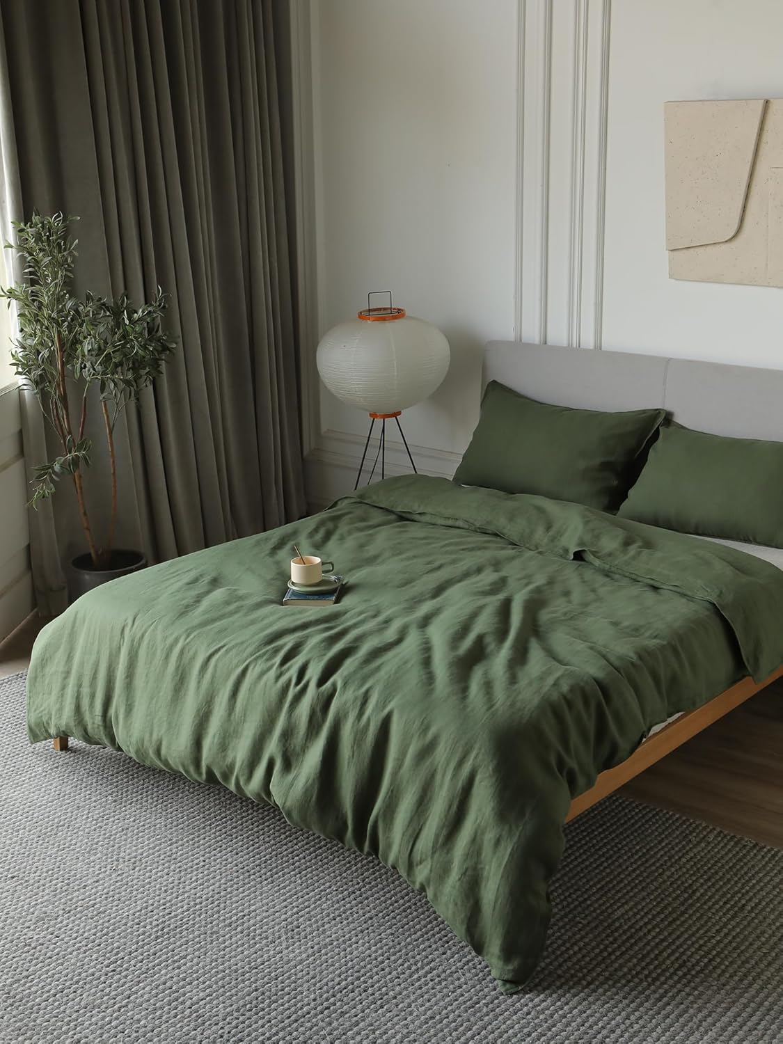 XZ XIFA Green Linen Duvet Cover Full, 100% Washed French Flax Linen Bedding Set with Zipper Closure, Cooling & Textured Bed Sets for Hot Sleepers(1 Duvet Cover, 2 Pillowcases)