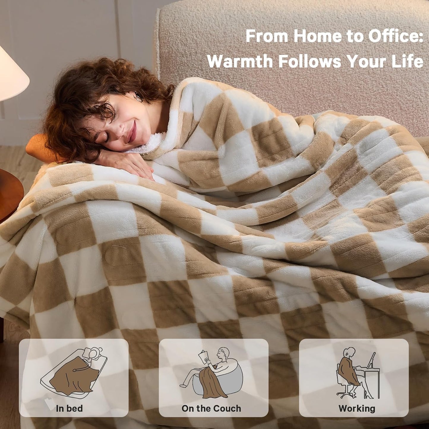 Light Brown Heated Blanket Electric Twin Size, 62X84 Heating Blanket with 10 Heat Level & 8 Hours Auto Off, Checkered Plaid Soft Fleece Sherpa Blankets Warmer Gifts for Couch Grandma Women Adults