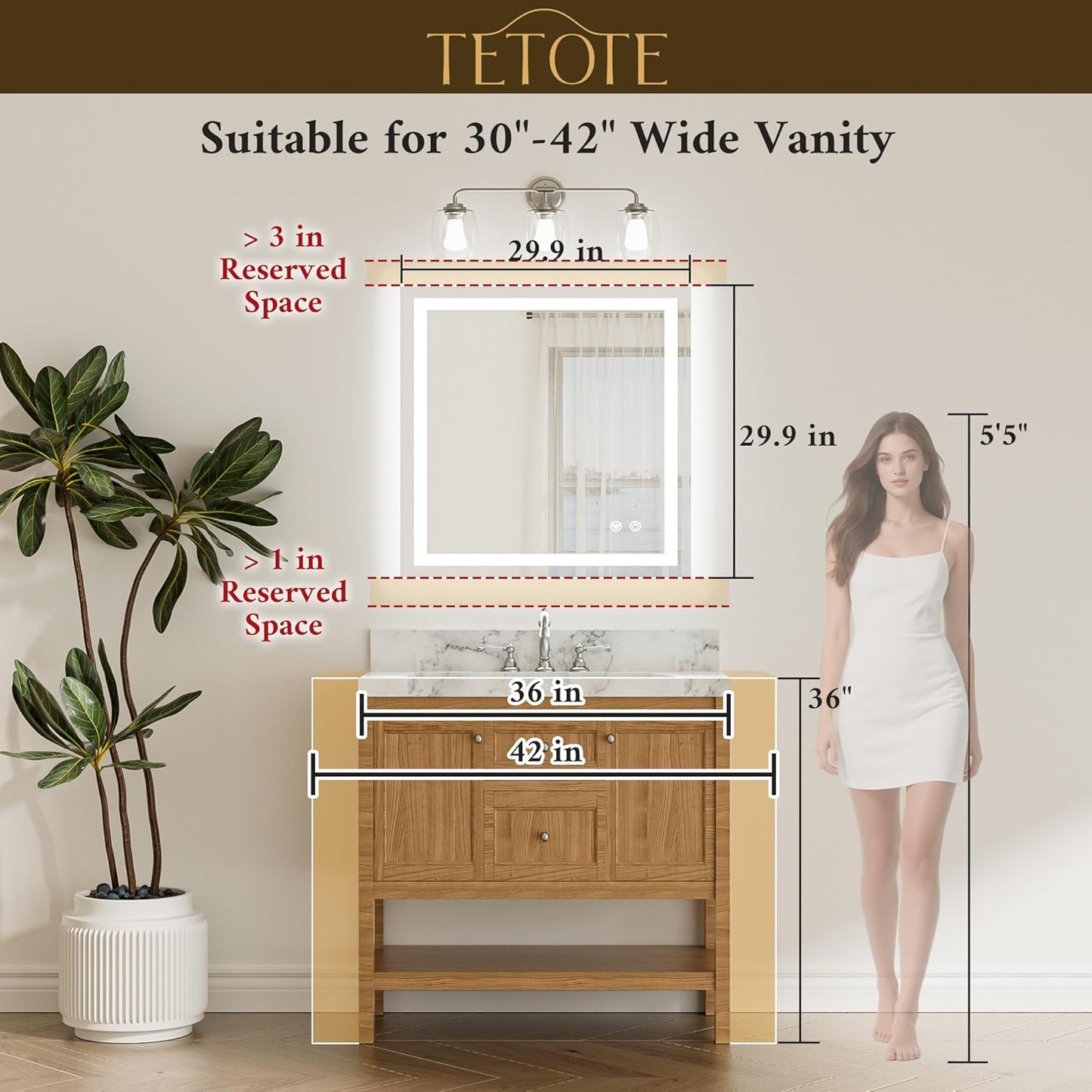 TETOTE 30 x 30 Inch LED Bathroom Mirror with Frontlit and Backlit, Brighter Light up Bathroom Vanity Mirror with Lights, 3-Color Dimmable Illuminated Anti Fog Mirror Wall Mounted, Waterproof