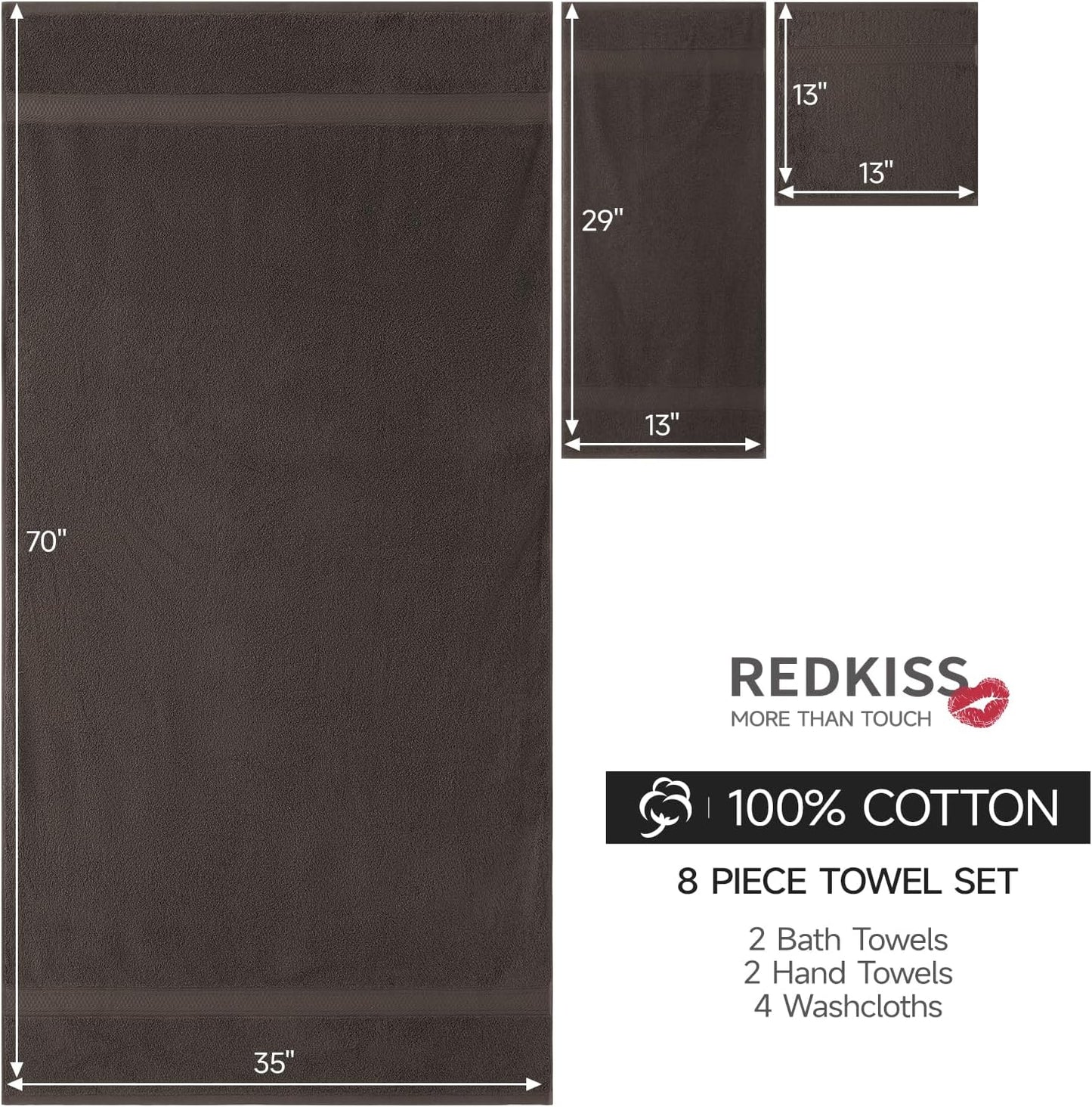REDKISS Luxury 100% Cotton 8 Piece Bath Towel Sets, 2 Bath Sheets (35x70 in), 2 Hand, 4 Washcloths, Super Absorbent & Quick-Dry Shower Towel for Bathroom Spa Gym Hotel Yoga - Brown