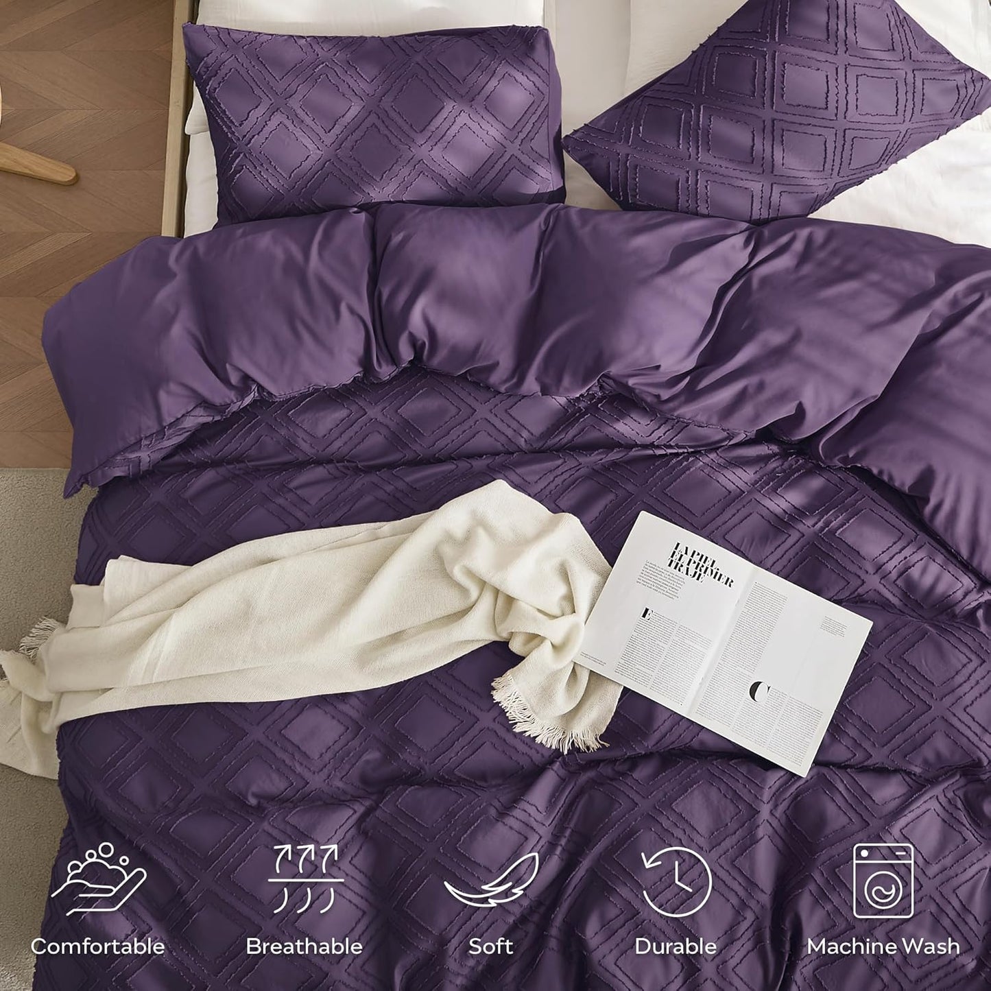 JELLYMONI Duvet Cover Twin Size Purple - 3PCS Boho Duvet Cover Set Plaid Polyester Tufted Bohemian Jacquard Knit Textured Comforter Cover 68×90in Rhombic Geometric Pattern Corner Ties & Zipper