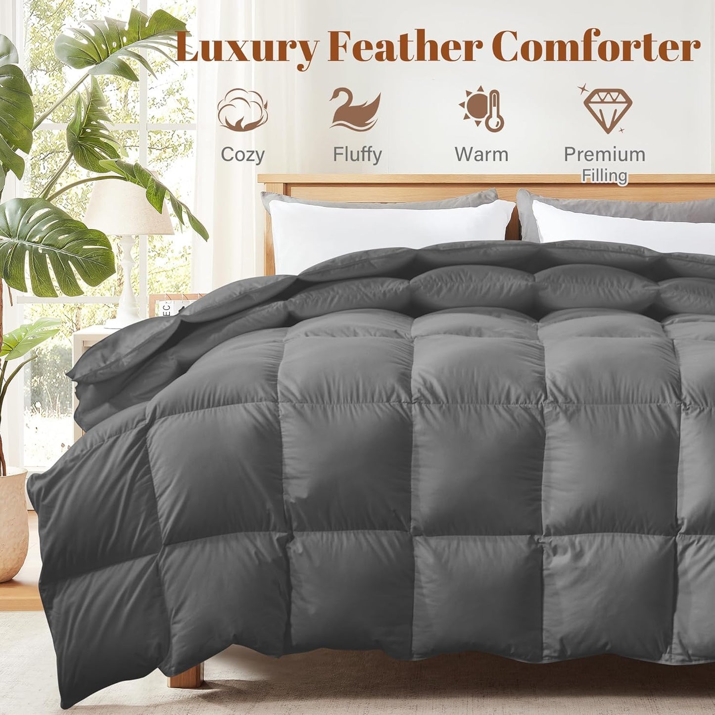 Cosybay Queen Size Feather Down Fiber Comforter - Grey 100% Cotton Duvet Insert - Luxury All Season Hotel Bedding Comforter,Medium Warmth 90 x 90 Inch