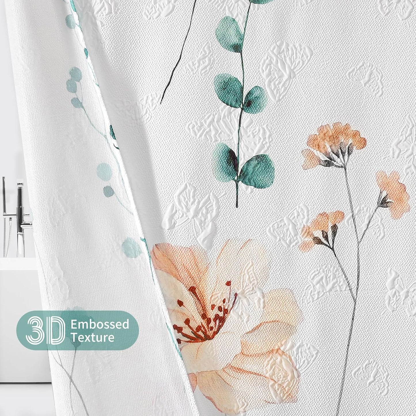 QiyI Watercolor Floral Shower Curtain, 3D Embossed Butterflies Teal Beige Flower Bathroom Curtain, Minimalist White Cloth Bath Curtains, Waterproof Fabric Textured Shower Curtain Set with Hooks, 72x72