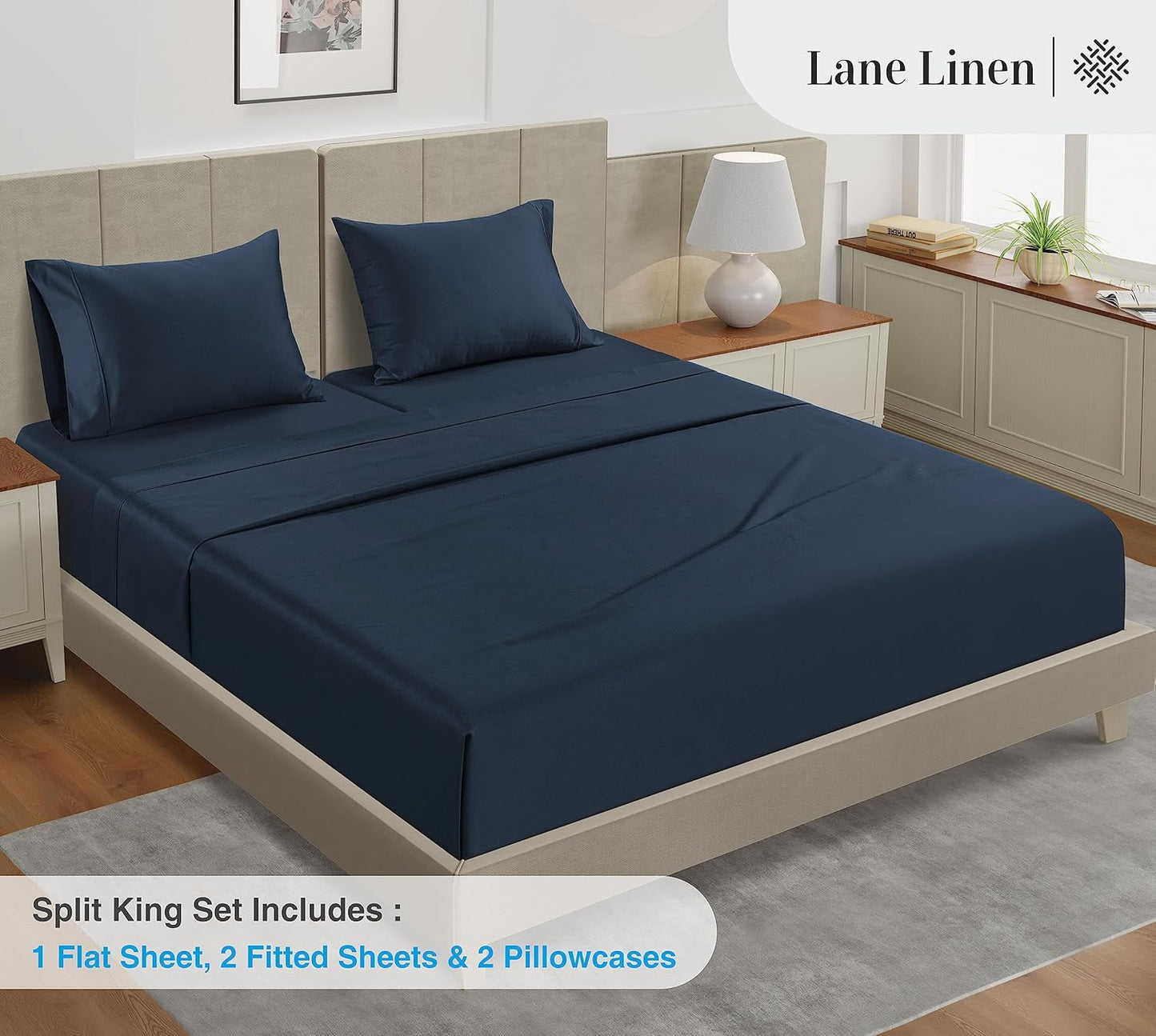 LANE LINEN Split Top King Sheets Sets for Adjustable Bed – 450 Thread Count 100% Cotton, Soft & Cooling Sateen Weave, 15” Deep Pocket Fully Elasticized Fitted Sheet, Premium Bedding, Estate Blue