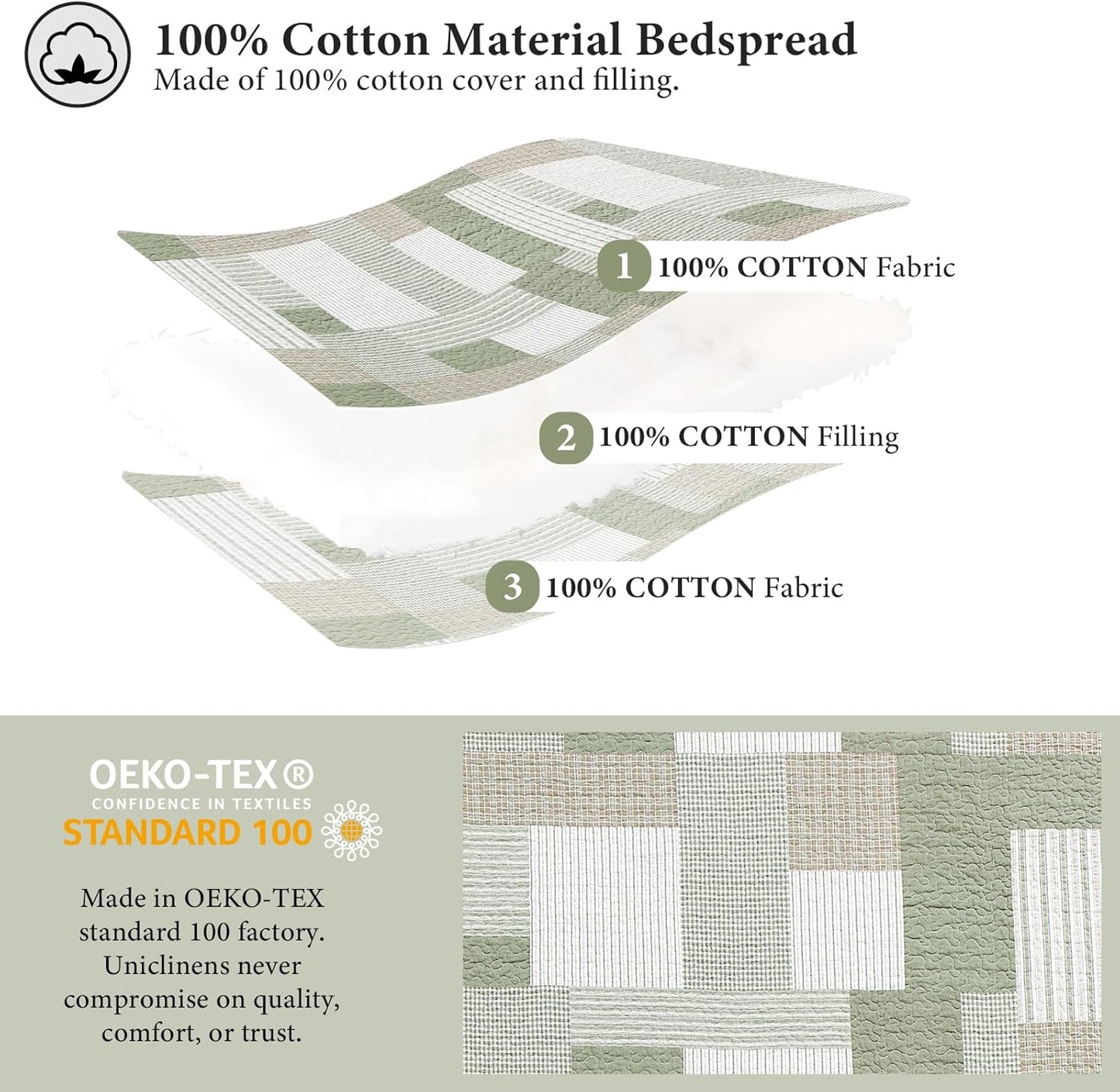 Uniclinens Plaid Quilt Set Queen Size, Patchwork Light Green Quilt Bedding Set, 100% Cotton Bedspreads, Farmhouse Rustic Lightweight Comforter, 3 Pieces Set with 2 Pillowshams, Green/Brown/Beige