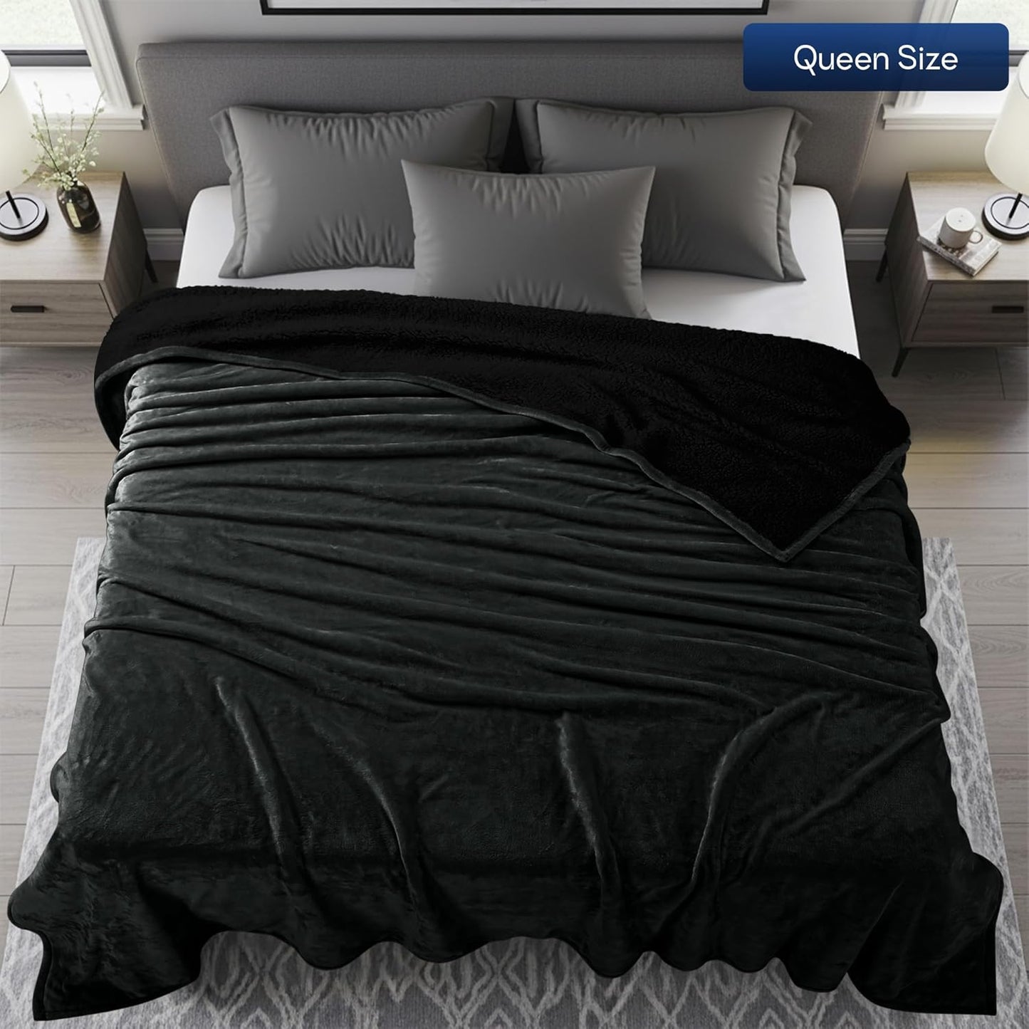 Utopia Bedding Sherpa Blanket Queen Size (Black, 90x90 Inches) - Soft Lightweight Plush Fleece Reversible Blanket for Bed, Sofa, Couch, Camping and Travel