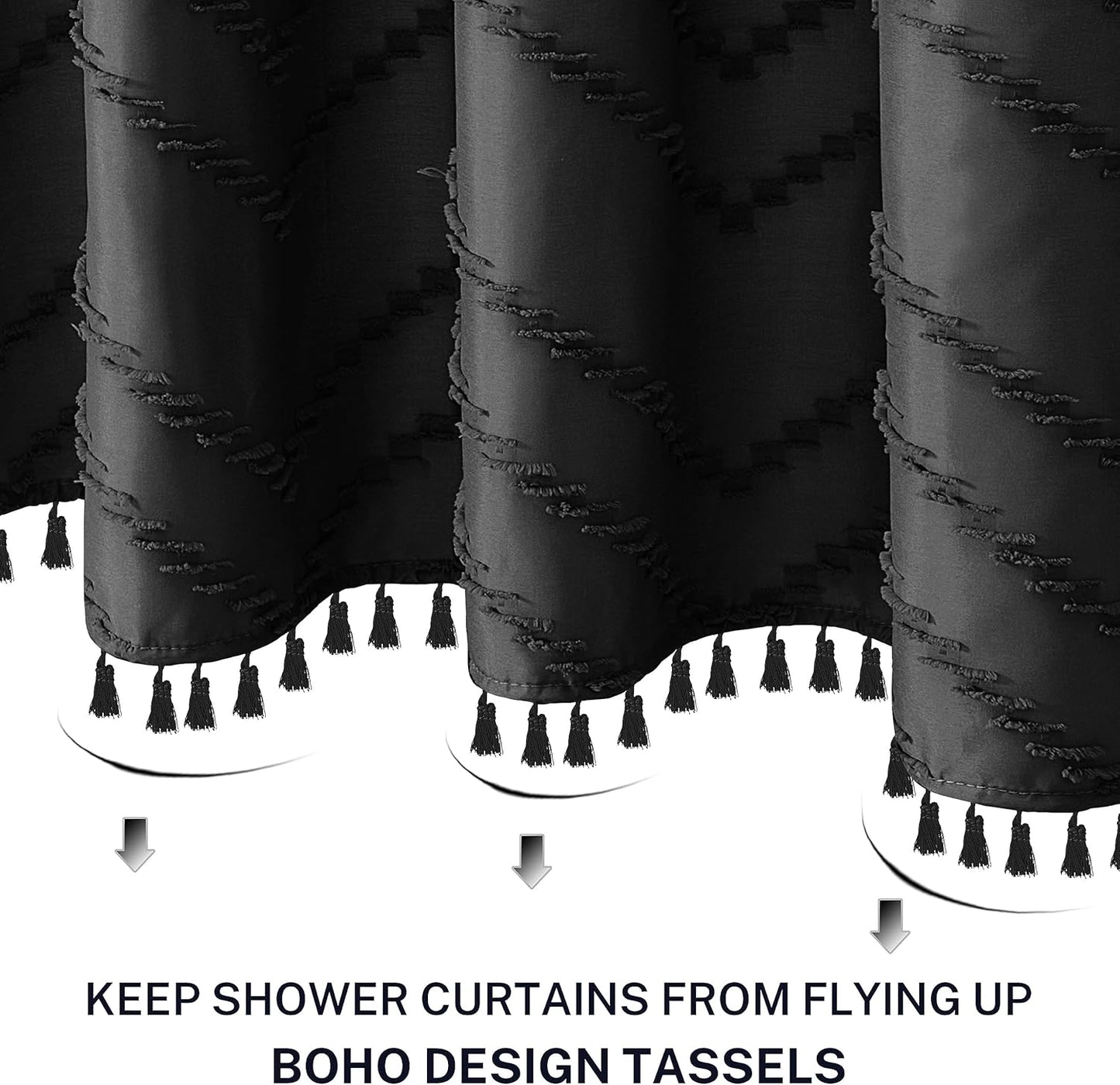 Boho Shower Curtain - Black Tassel Woven Fabric, 60 x 72 Tufted Chevron Striped Textured Modern Farmhouse Minimalist for Bathroom