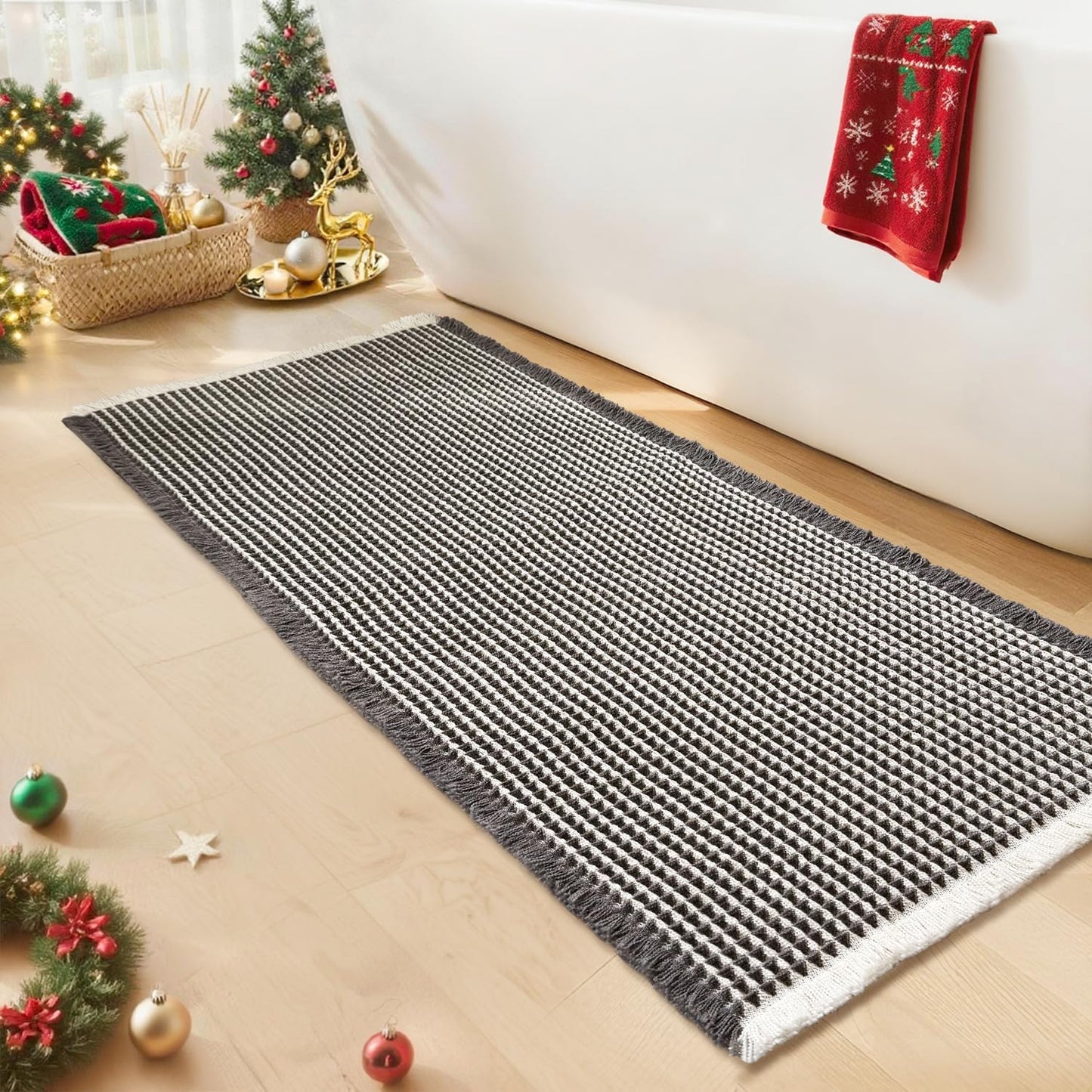 Waffle Bath Mat - Boho Bathroom Rugs Non Slip Washable, Super Absorbent & Quick Dry, Soft Bath Mat Farmhouse Bathroom Decor, 20'' x 48'', Dark Grey and White