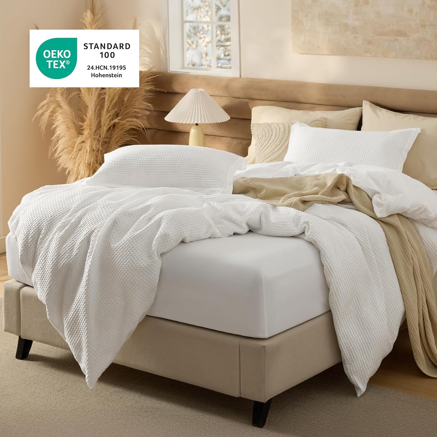 Bedsure 100% Cotton Duvet Cover King Size with Fitted Sheet - 4 Pieces Coconut White Waffle Weave Bedding Set, GentleSoft™ and Breathable, Includes 1 Duvet Cover 104x90, 1 Fitted Sheet, 2 Pillow Shams