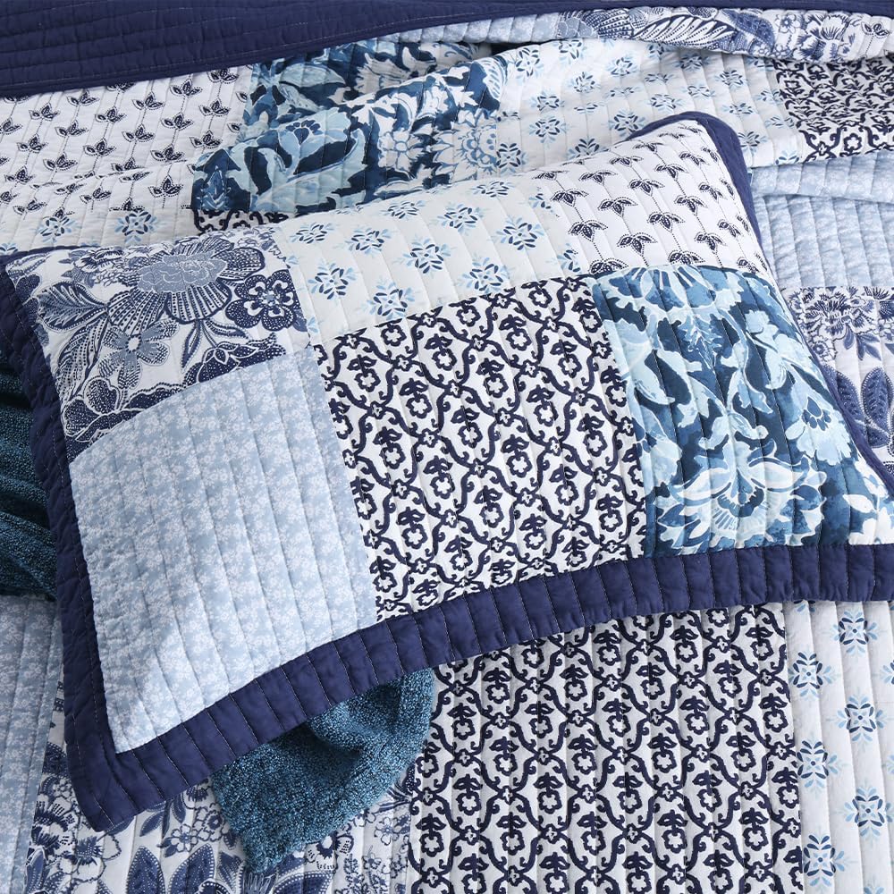 ENASAL Cotton Bedspread Quilt Sets Reversible Bedding Coverlet Sets Luxury Floral White Blue Real Patchwork Bedspread, King Size