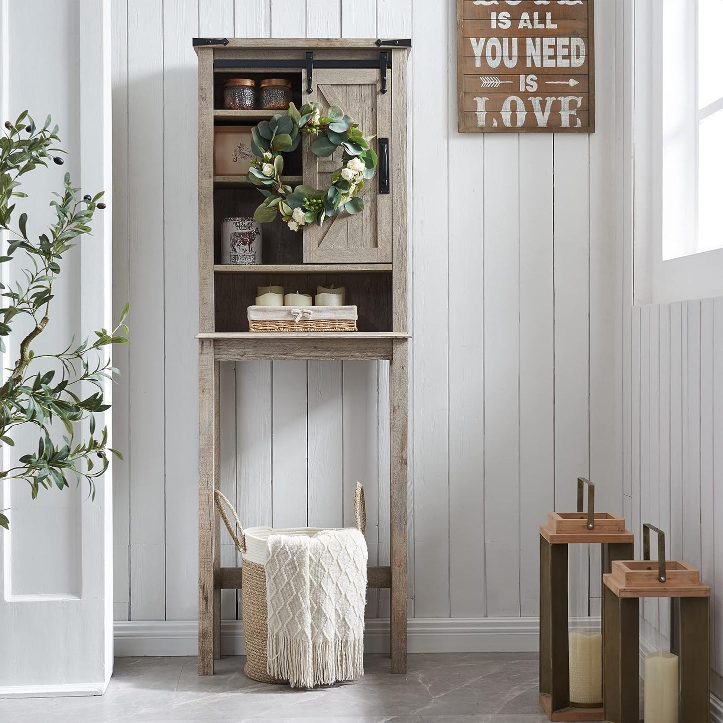 RedLemon Farmhouse Over The Toilet Storage Cabinet, 68" Tall with Sliding Barn Doors & Adjustable Shelves, Rustic Above Toilet Storage Cabinet, Light Rustic Oak