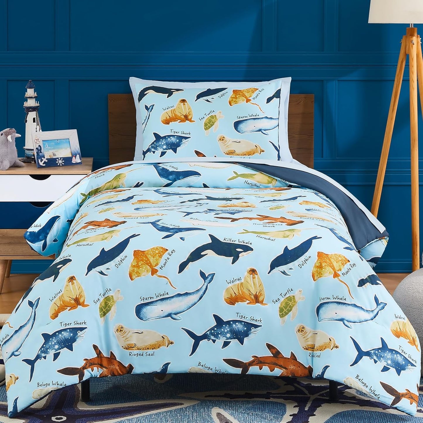 Twin Comforter Set for Boys-5 Pieces Ocean Animals Glow in The Dark Twin Bedding Sets for Kids, Ultra Soft Bed in A Bag with Sheets