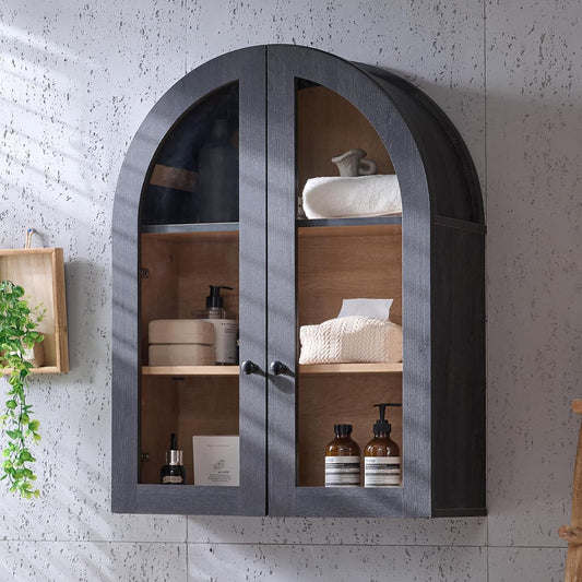 Bathroom Arched Wall Cabinet Over The Toilet Storage Cabinet, 23.5×31.4 Inch bathroom cabinet wall mount with Glass Doors & Adjustable Shelves, Wood Cabinet for Laundry Room, Bedroom Kitchen，Dark Grey