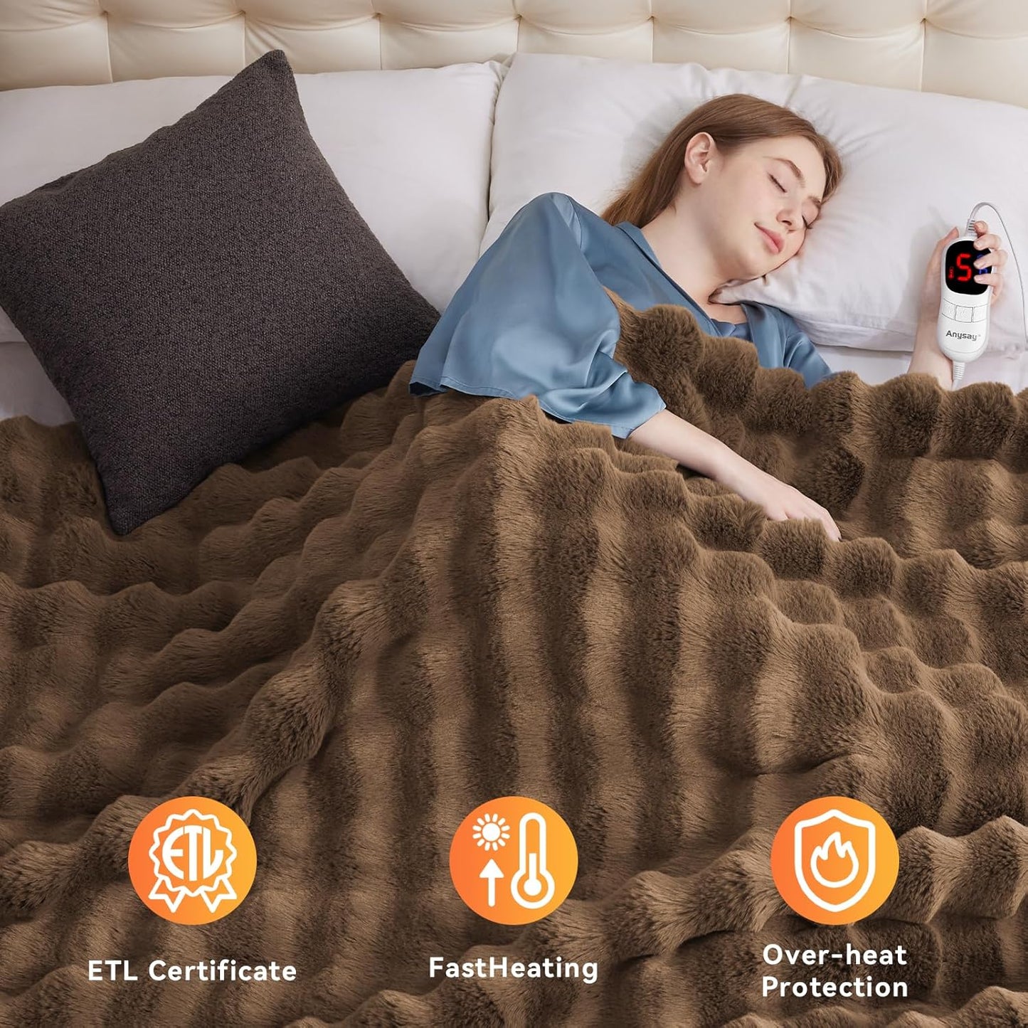 Heated Blanket Queen Size with 1/2/4/6/8 Hours Auto-Off 10 Heat Level, 72'' * 84'' Cozy Faux Rabbit Fur Bubble Electric Blanket with Overheat Protection(Brown)