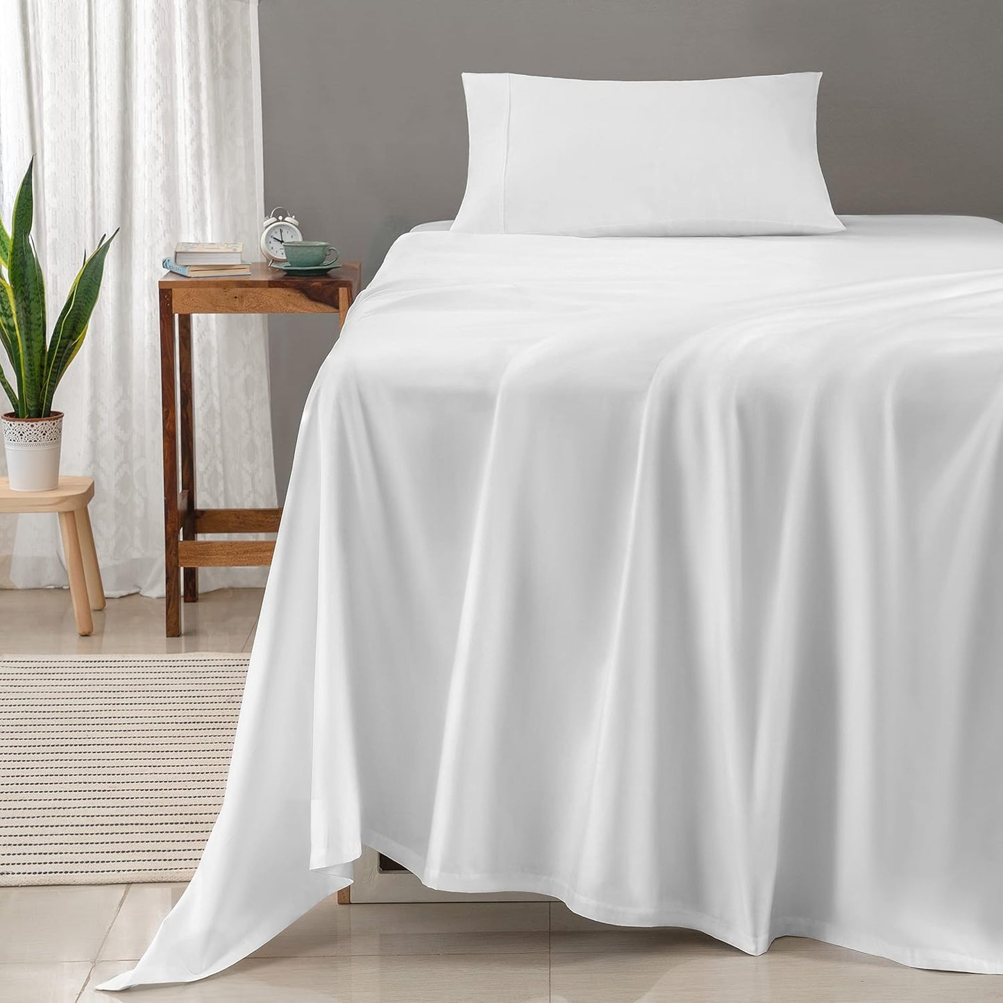 Threadmill 100% Cotton Sheets for Twin XL Size Bed - 600 Thread Count Twin XL Bed Sheets Set with 15” Deep Pocket - Sateen Weave 3-Piece Bedding Set with Cooling Effect, White