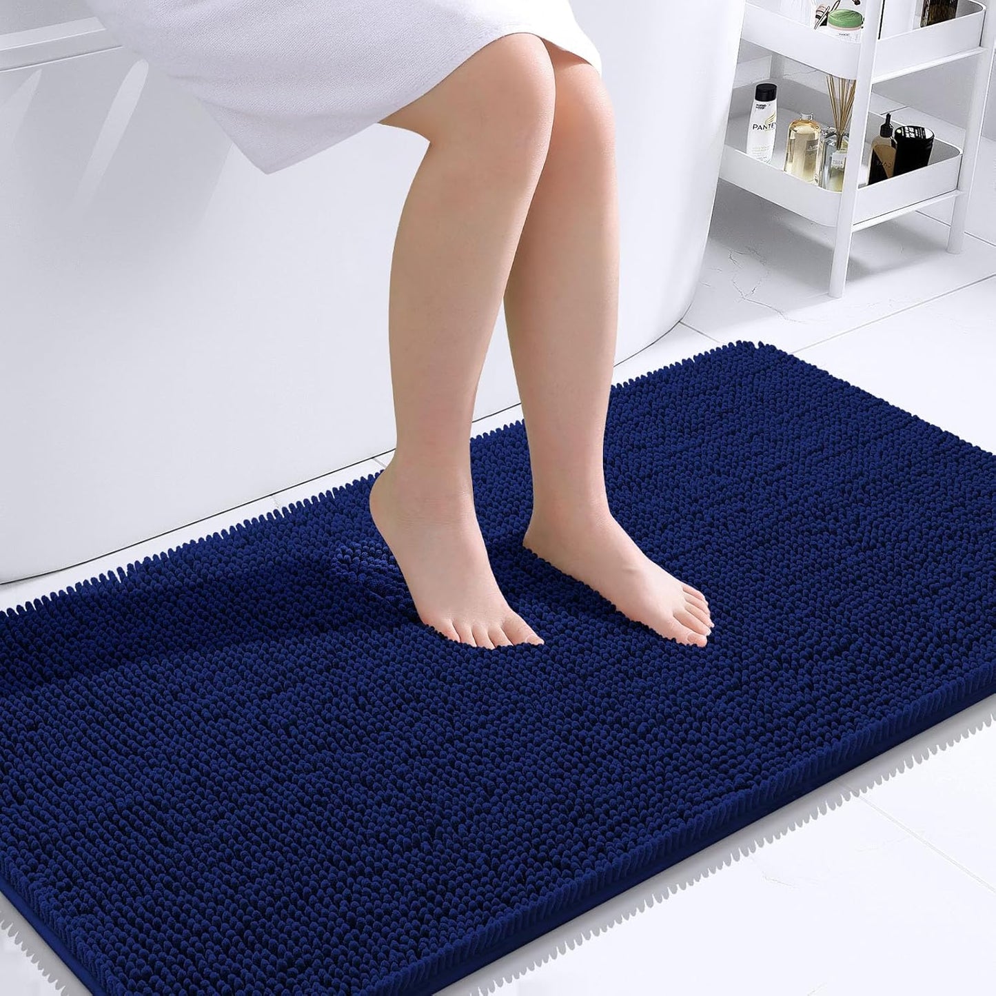 OLANLY Bathroom Rugs 45x27, Extra Soft Absorbent Chenille Bath Rugs, Rubber Backing Quick Dry, Machine Washable Bath Mats for Bathroom Floor, Tub and Shower, Home Decor Accessories, Navy