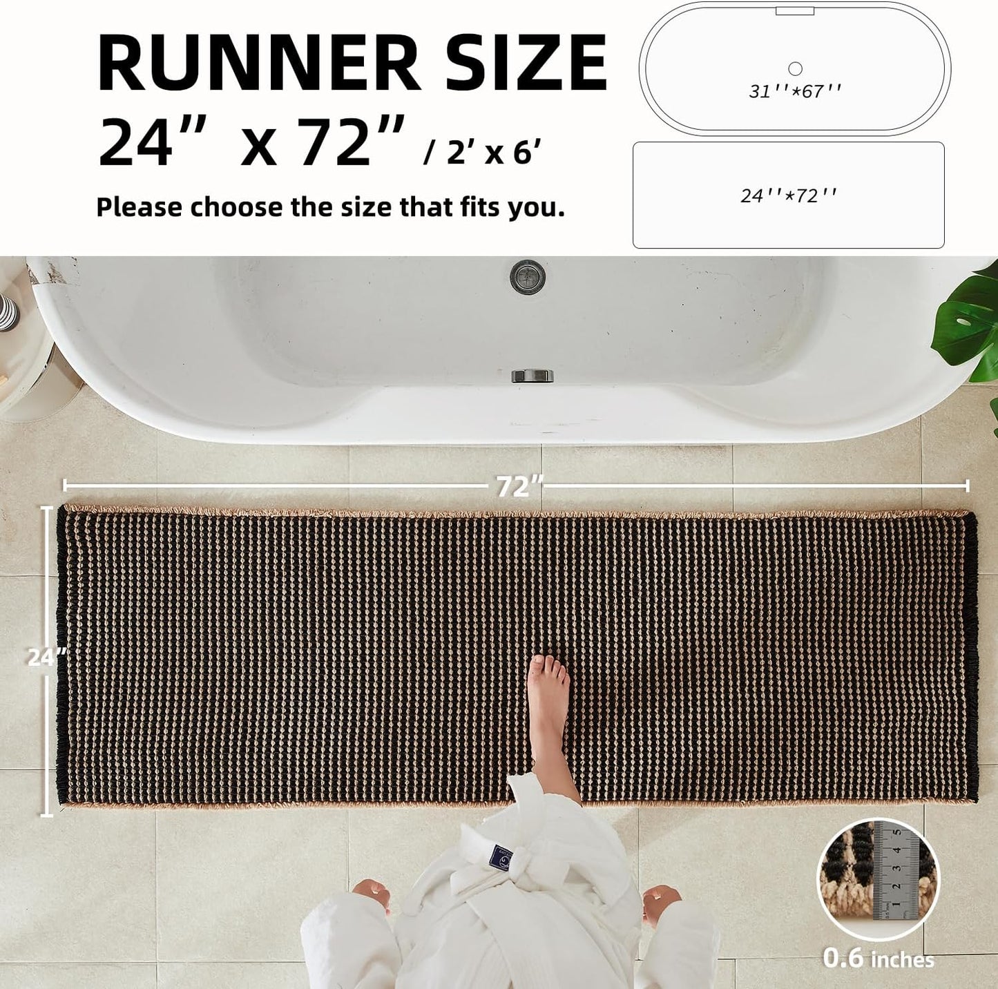 Waffle Runner Rug Bathroom, Long Boho Bathroom Rugs Non Slip Washable Super Absorbent Quick Dry Farmhouse Bath Decor, 72"x24" Khaki and Black