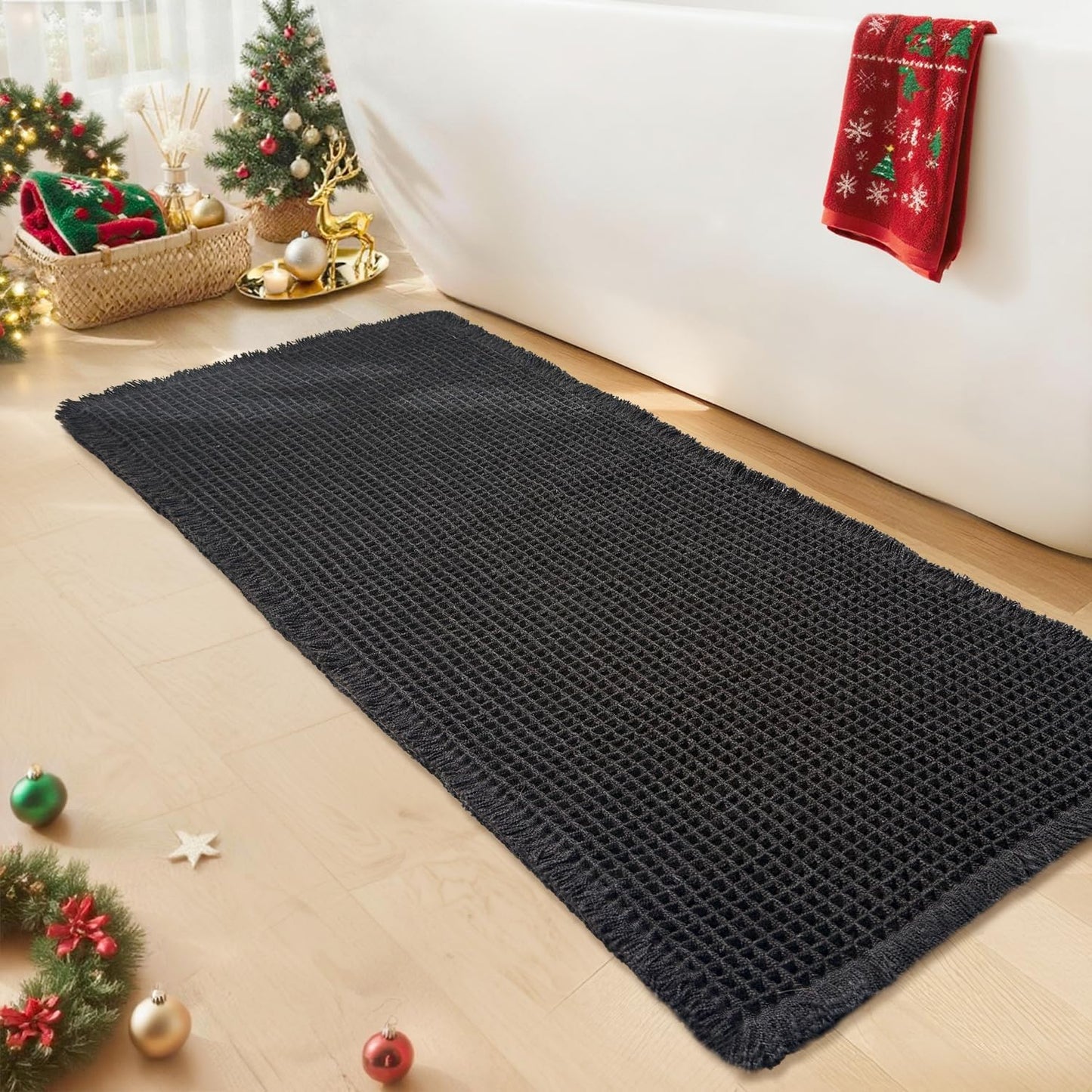 Black Bathroom Rug - Waffle Bath Mat Non Slip Washable, Super Absorbent & Quick Dry, Boho Bath Mat Farmhouse Bathroom Decor, 24'' x 48'', Black