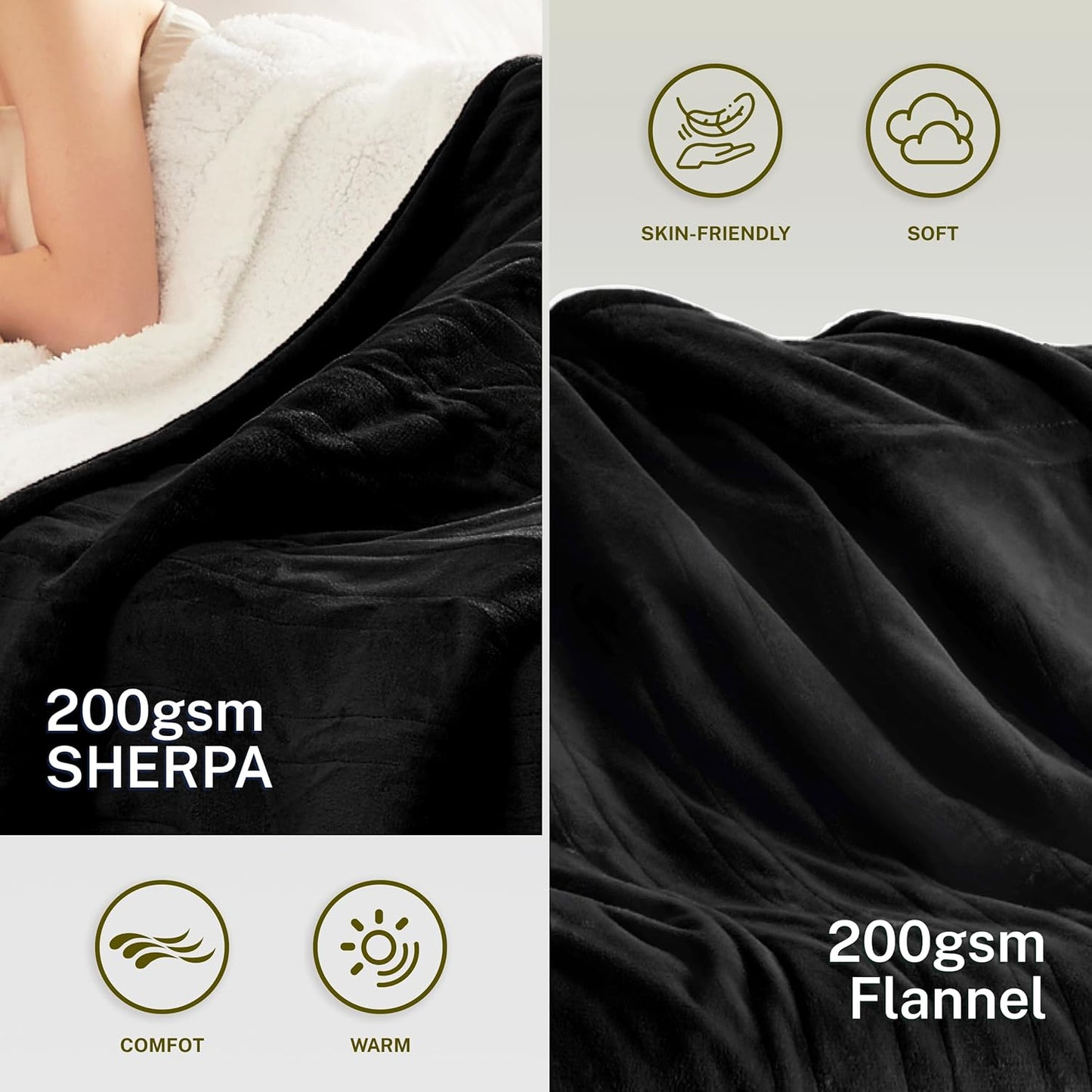 Heat Blanket 50”x60” Throw,Soft Flannel & Sherpa Reversible Electric Blanket with 10 Heat Settings,12 Timer Setting and 3 Hours Auto-Shut Off,ETL Certified Machine Washable,Black