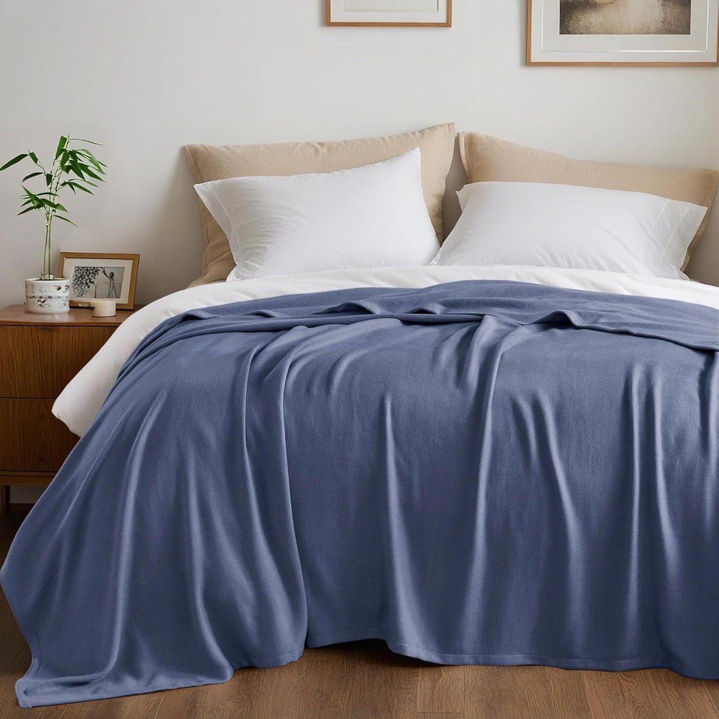 King Size Blanket, 70% Rayon (Derived from Bamboo) and 30% Cotton, Lightweight Jacquard Weave, Breathable and Soft Summer Blanket for Bed or Couch, 108” x 90”, Navy