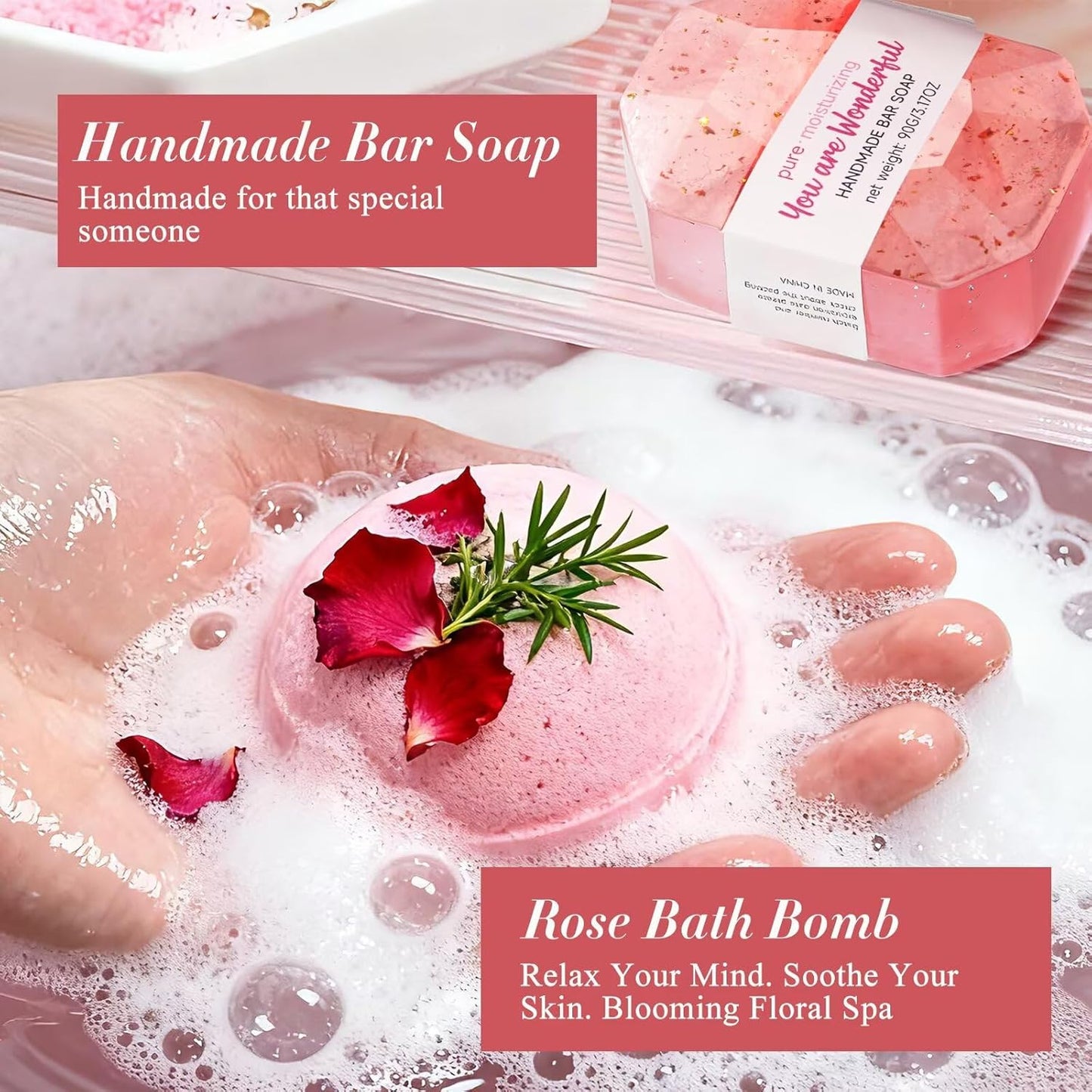 Spa Gifts for Women 7 Pcs Home Spa Kit Rose Gifts for Woman,Spa Gift Baskets Self Care Gifts Spa Gift for Women Birthday,Mothers Day Basket Easter Christmas Bath Set