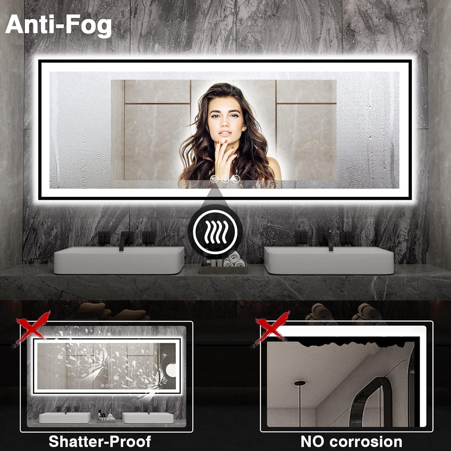Large LED Bathroom Mirror - Black Aluminum Framed, Anti-Fog, Stepless Dimmable, 3 Colors Smart Mirror (Horizontal/Vertical)