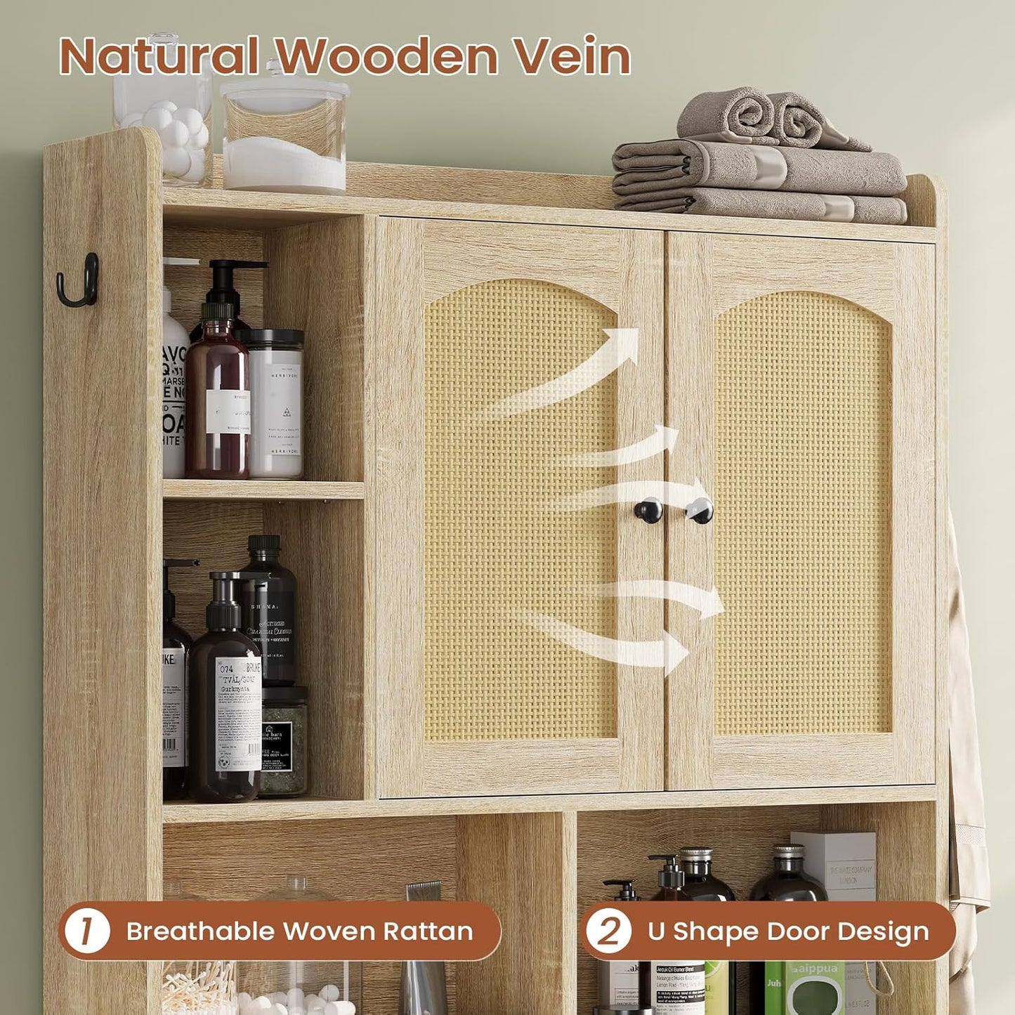 Itaar Over The Toilet Storage Cabinet, Farmhouse Rattan Bathroom Cabinet, Over Toilet Bathroom Organizer with Rattan Barn Doors & Toilet Paper Holder Stand, for Restroom, Laundry