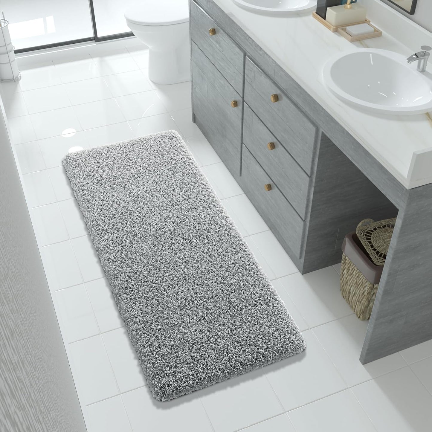 Yimobra Fluffy Plush Bath Rug, Super Shaggy Soft Comfortable Non Slip, Water Absorbent Microfiber Bath Mat, Dries Quickly, Machine Washable Thick Bathroom Rugs for Shower, 56"x 24", Pure Gray