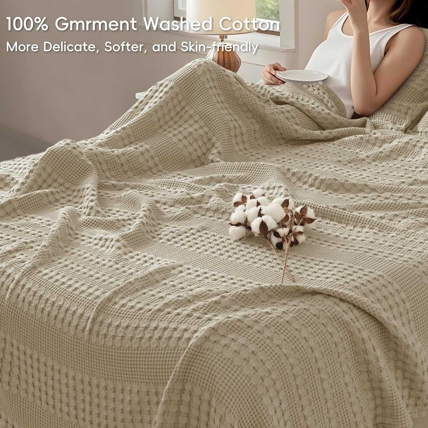 PHF 100% Cotton Waffle Blanket Oversized King 120"x120", Lightweight Breathable Extra Large 10'x10' Blankets for Bed, Giant Big Luxury Aesthetic Woven Bedding for Home Decor, Khaki