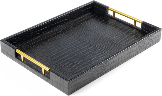 17" x 12" Wood Serving Tray with Gold Polished Metal Handles, Home Decorative Wooden Rectangle Ottoman Leather Decor Platter Bathroom Vanity Tray for All Occasions Alligator Black