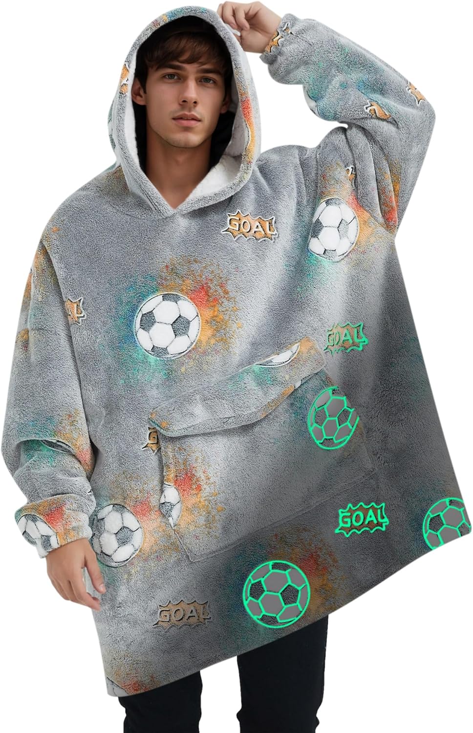 Glow in The Dark Football Wearable Blanket Hoodie for Adult,Oversized Sherpa Fleece Blanket Hoodie for Women Men,Football