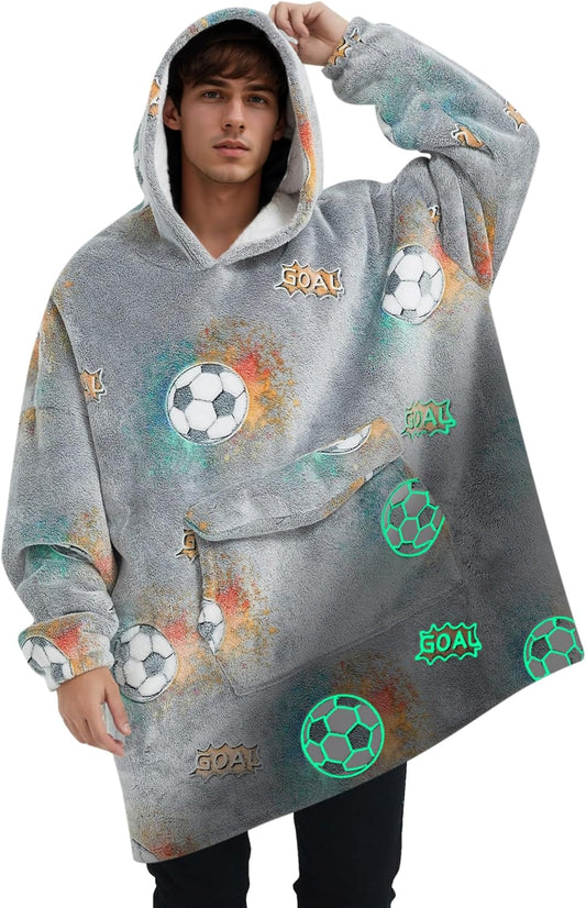 Glow in The Dark Football Wearable Blanket Hoodie for Adult,Oversized Sherpa Fleece Blanket Hoodie for Women Men,Football