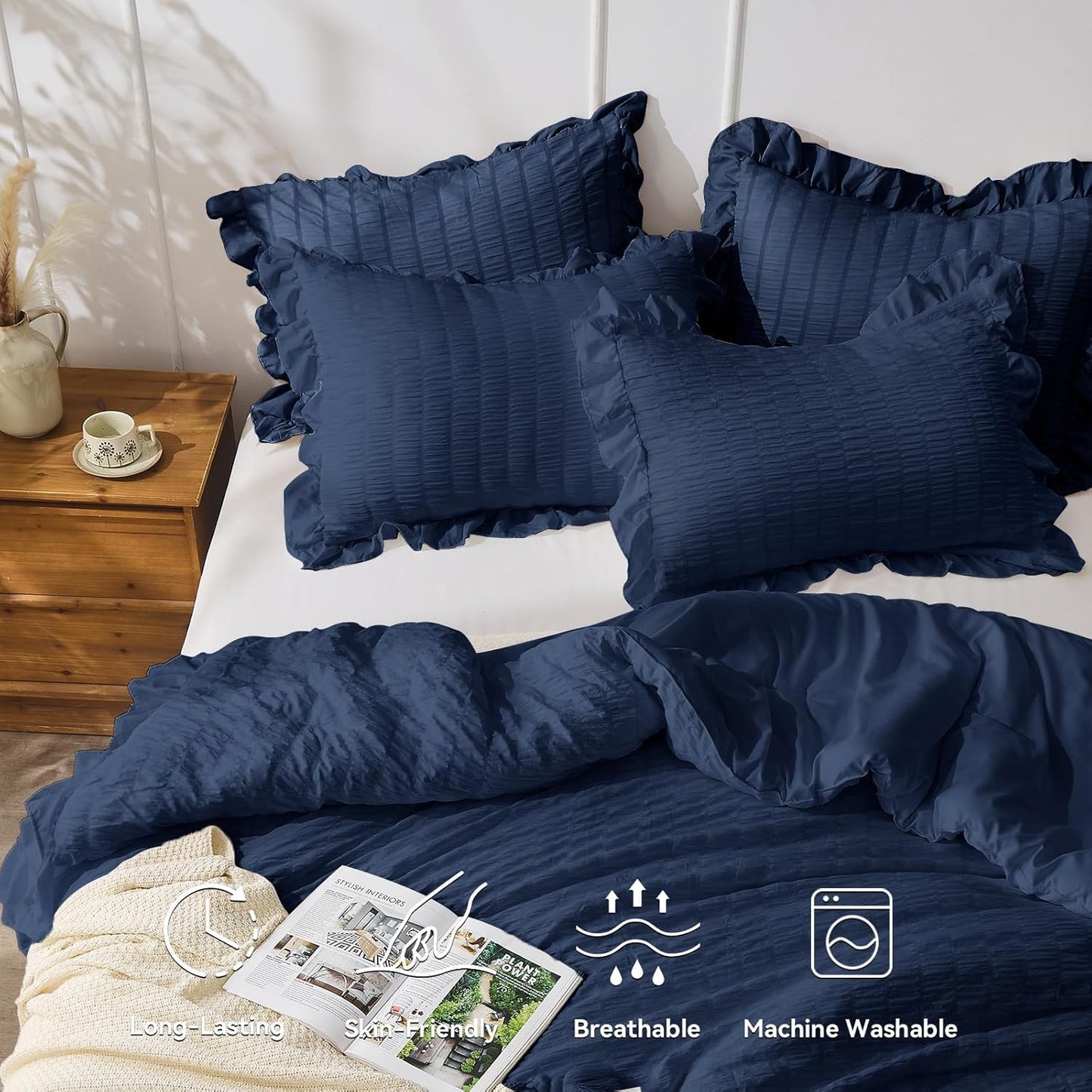 JOLLYVOGUE Navy Blue King Comforter Set, 3 Pieces Seersucker Comforters King Size, Lightweight & Fluffy Bedding Sets King for All Season with 1 Ruffle Comforter and 2 Ruffle Pillowshams