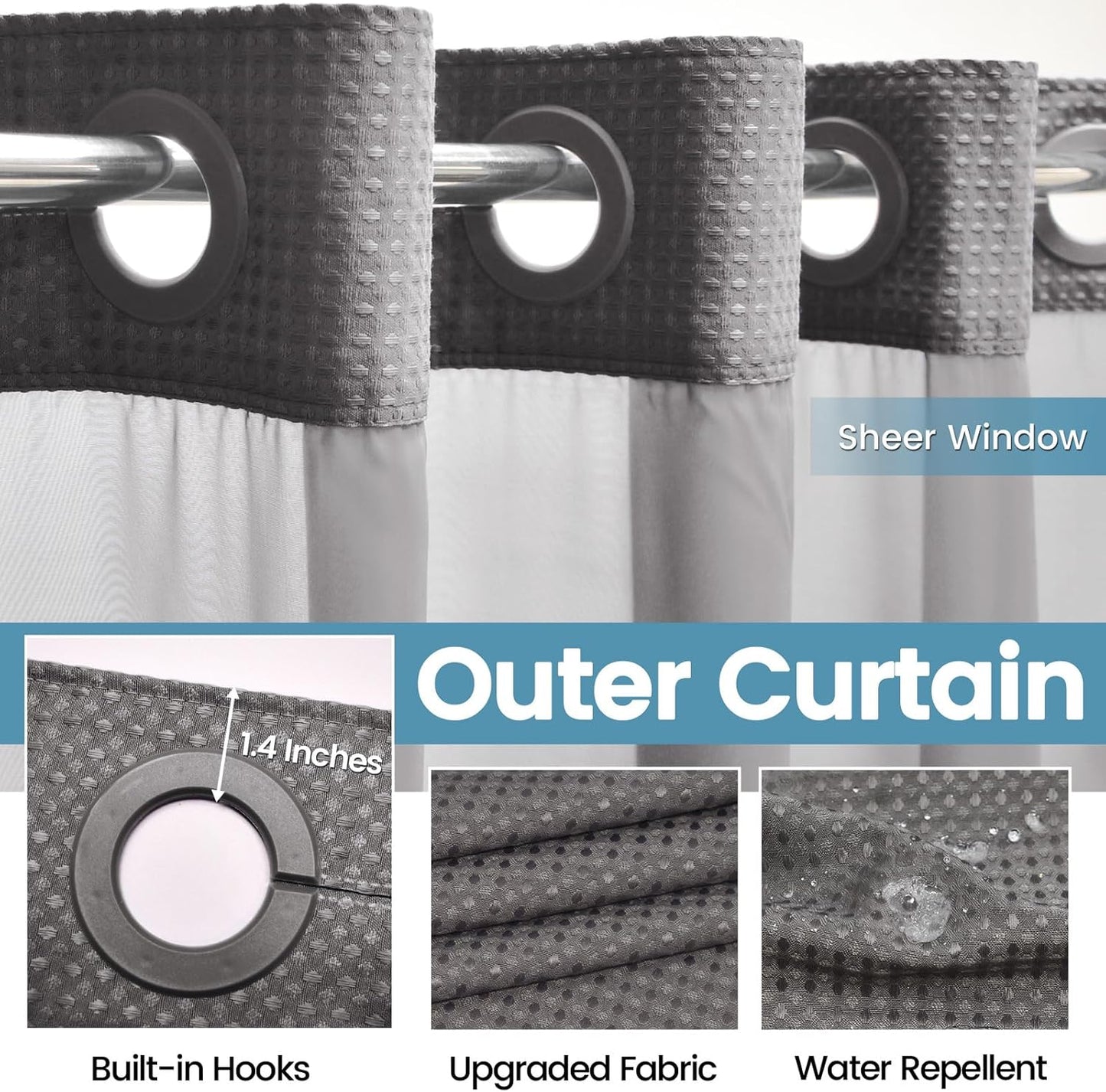 Charcoal Grey Stall No Hook Shower Curtain with Snap in Liner,230GSM Waffle Weave Shower Curtains for Bathroom,54W x 80H