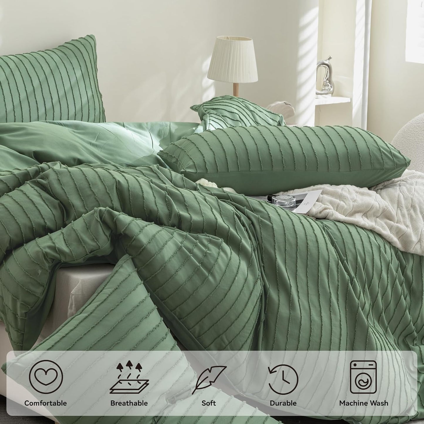 JELLYMONI Duvet Cover Super Queen Size Green - 3PCS Boho Striped Duvet Cover Set Polyester Tufted Bohemian Textured Comforter Cover 98×90in with Corner Ties & Zipper and 2 Pillowcases