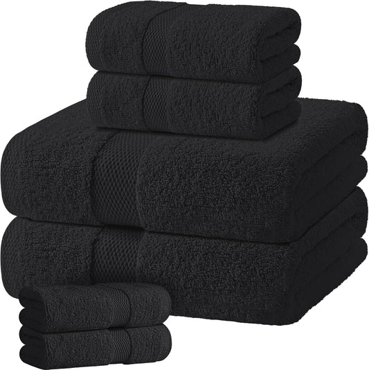 Black Bath Towel Set of 6 - 100% Cotton Highly Absorbent Towels for Bathroom, 2 Luxury Bath Towels 650GSM, 2 Hand Towels, 2 Washcloths
