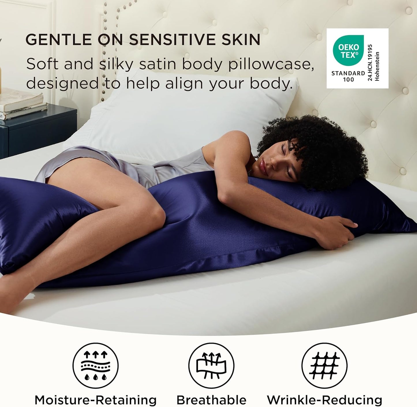 Bedsure Body Pillow Cover 20x54 Inches - Navy Satin Similar to Silk Pillowcase for Hair and Skin, Cooling and Silky Long Body Pillow Pillowcase for Adults with Envelope Closure, Gifts for Women Men