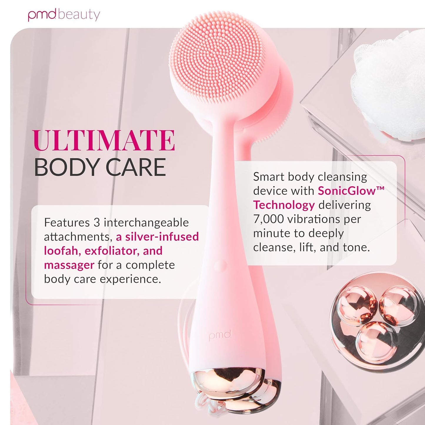 PMD Clean Body - Smart Body Cleansing Device with Silicone Brush & Three Interchangeable Attachments - Waterproof - SonicGlow Vibration - Cleanse, Exfoliate, & Massage Body