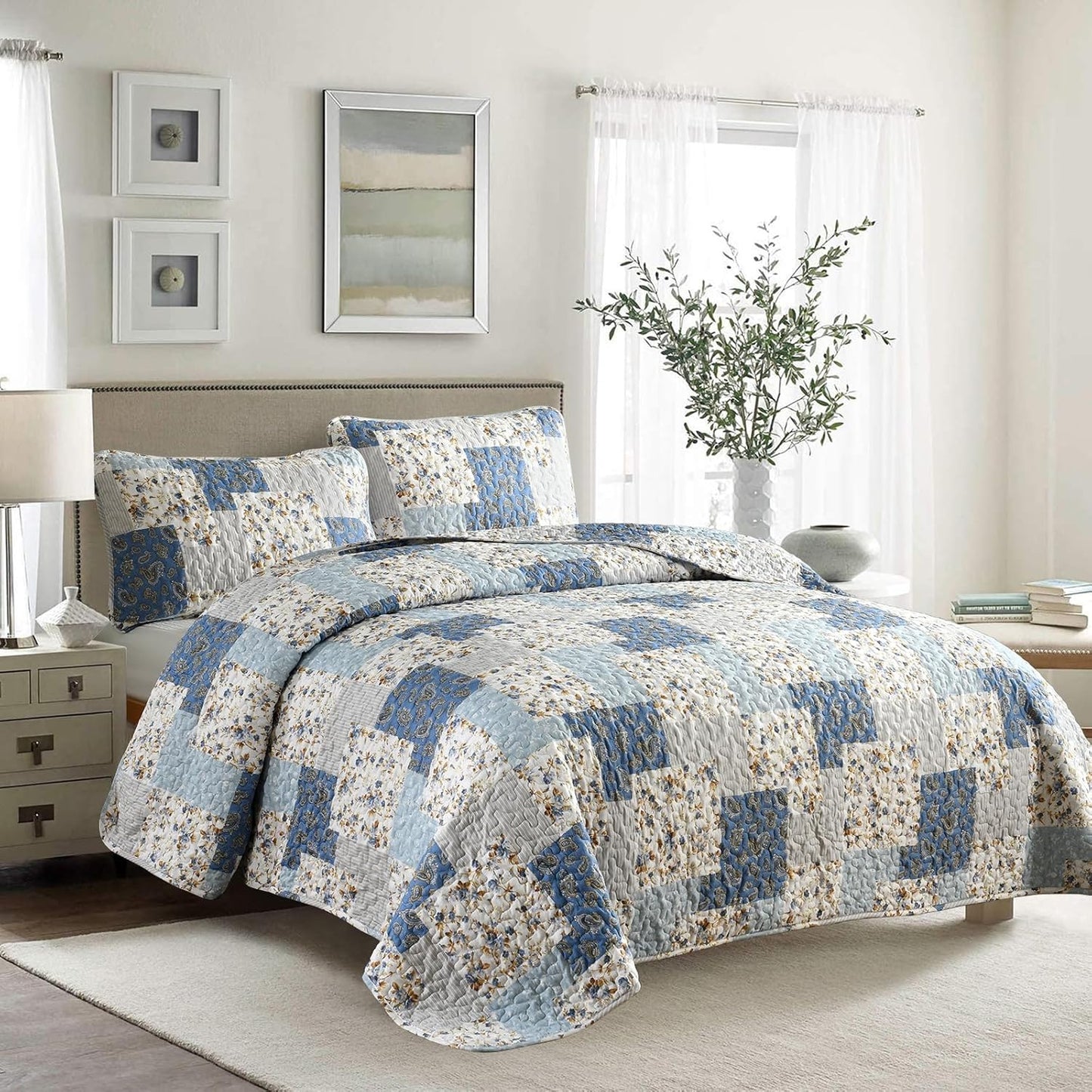 Mybedsoul Light Blue Quilt Set Queen Size, 3 Pieces Boho Plaid Floral Bedspread Set Microfiber Lightweight Bohemian Bedding Bedspread Coverlet Set for All Season 90"x96"