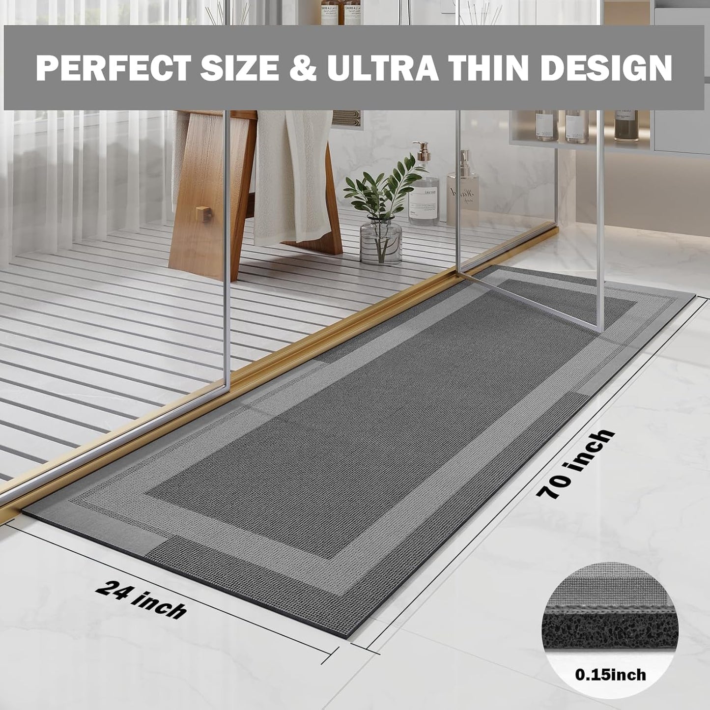 Extra Long Non Slip Bathroom Runner Bath Mat, Rubber Backing Ultra Thin Bath Rug Fit Under Door Quick Dry Super Absorbent Washable Shower Mat for Bathroom Floor Bathtub Sink, Dark Grey 24"x70"