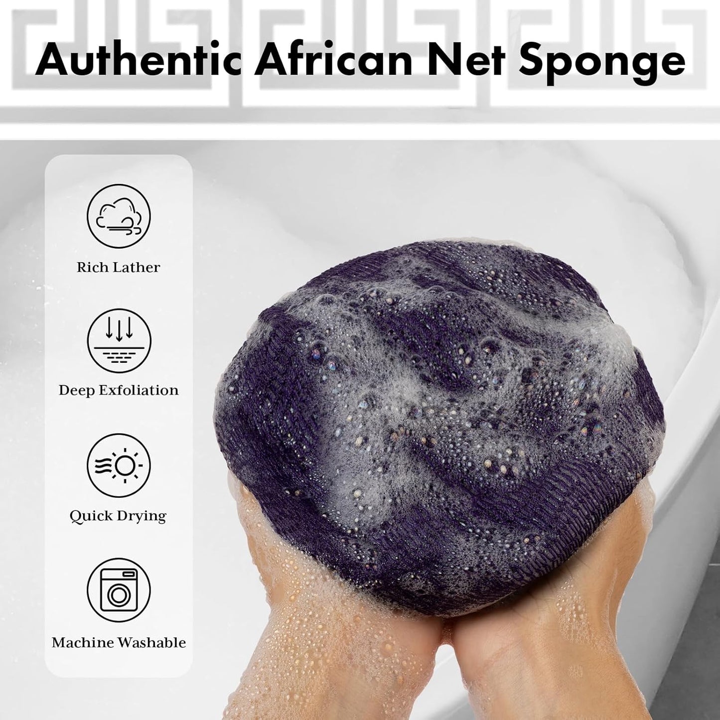 African Net Sponge Authentic with Handles (Set of 2), African Exfoliating Net Sponge, Exfoliating Body Scrubber Bath Sponge - Bathing Accessories with Storage Bag (Purple & Rose)
