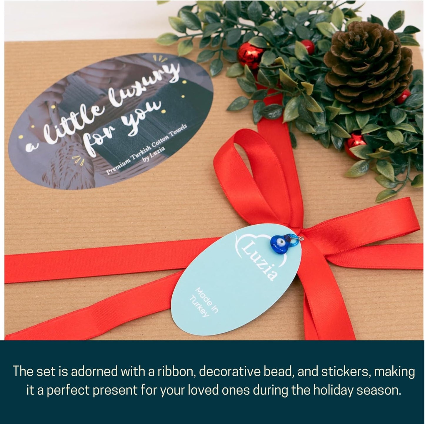 Luzia Christmas Towel Set | Ivory Color | Includes 1 Bath and 1 Hand Towel with Embroidered Designs and 2 Plain Washcloths | Presented in A Beautiful Craft Box