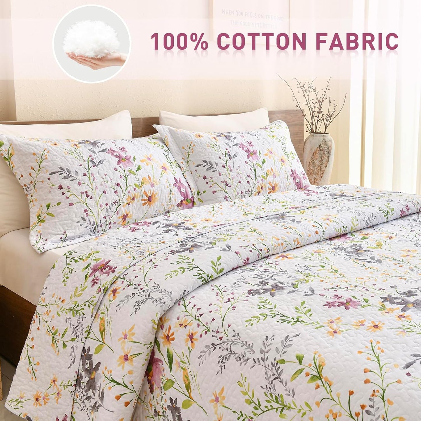 Lady Ann Wild Floral Printed Bed King Quilt Set 100% Cotton Yellow Flower Botanical Pattern Bedding, Vintage Lightweight Coverlet Ultra Soft Bedspread Set with Pillow Shams for All Season, 3 PCS