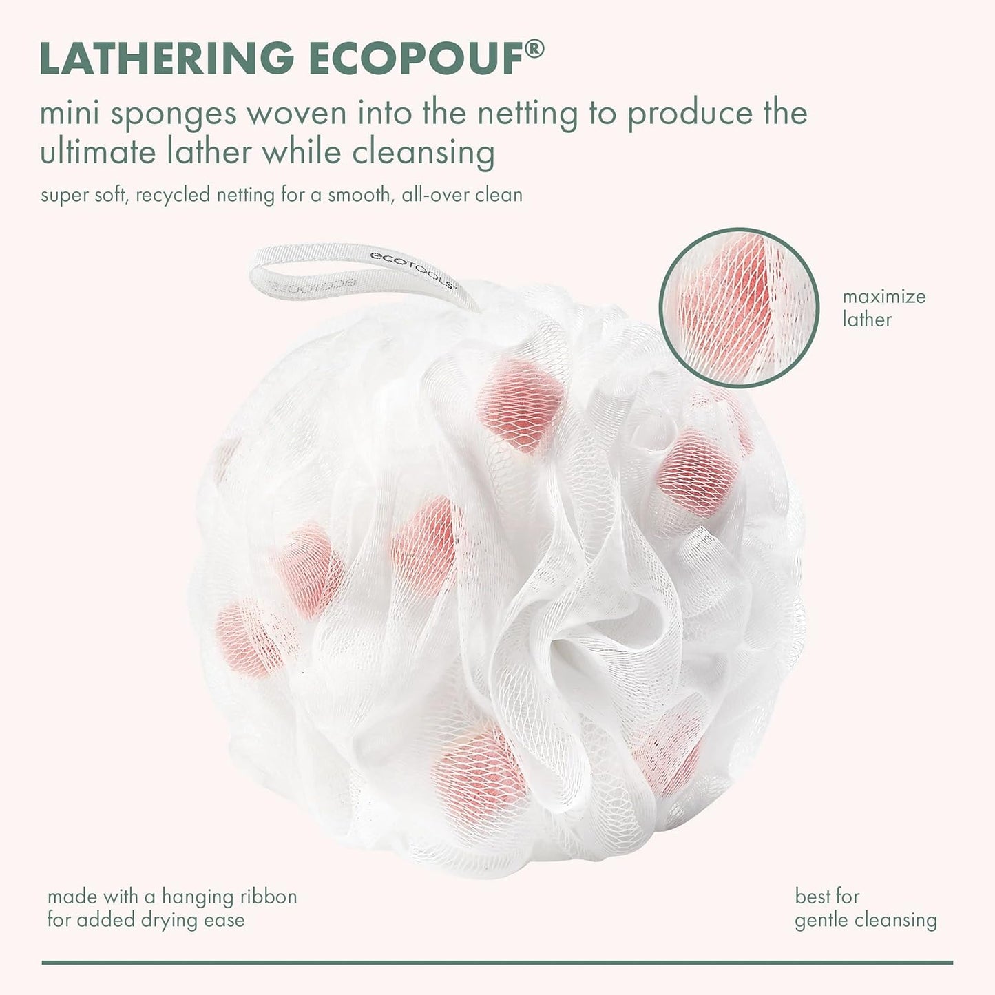 EcoTools Lathering EcoPouf, Loofah Infused with Mini Sponges, Provides Rich Lather, Recycled Netting, Gentle Exfoliation in Bath Or Shower, Pouf Removes Dead Skin, Cruelty-Free, 1 Count