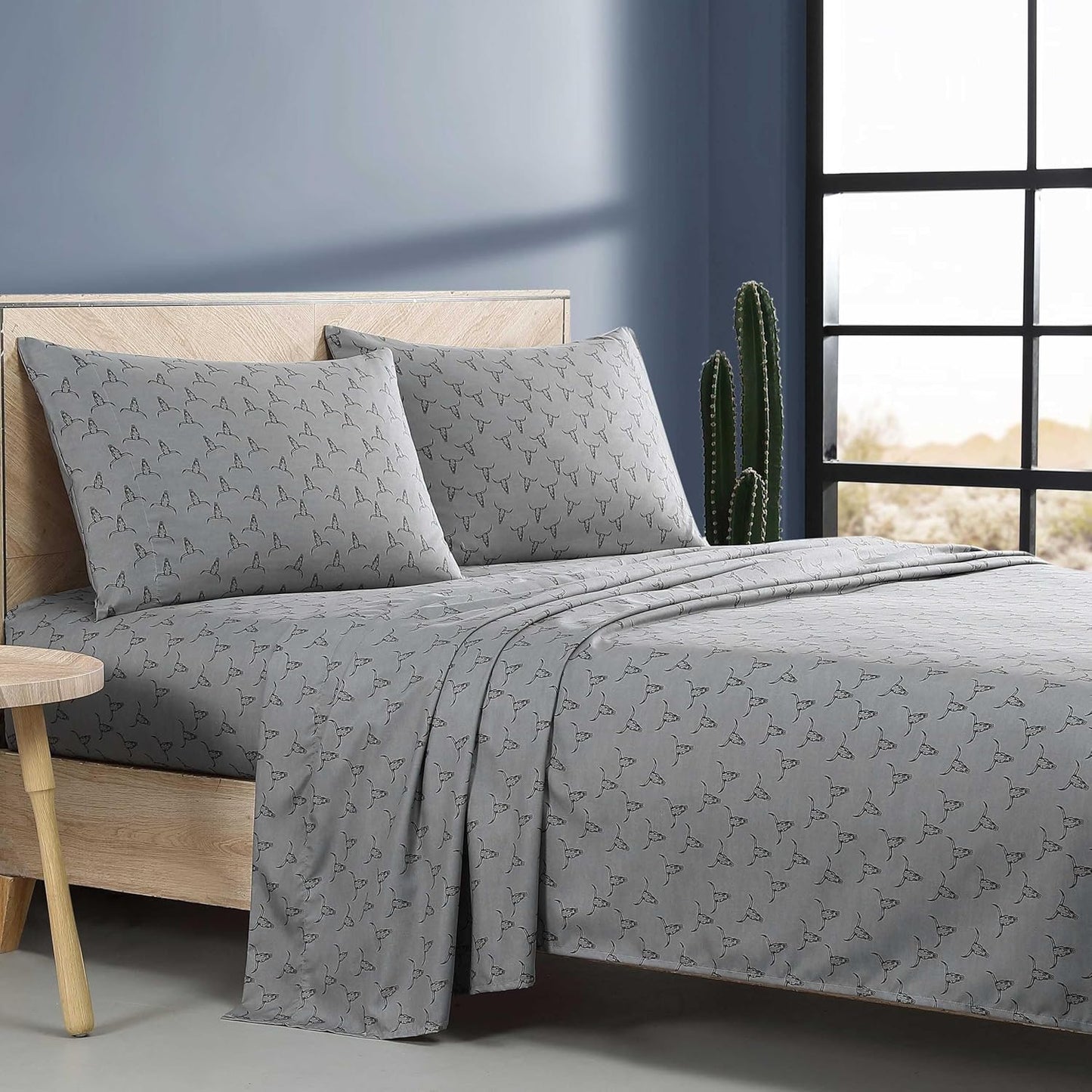 Wrangler - Twin Bed Sheets, Ultra-Soft & Lightweight Bedding with Matching Pillowcase, Lightweight Bed Set for All Season Comfort, Oeko-Tex Certified (Steer Skulls Grey)