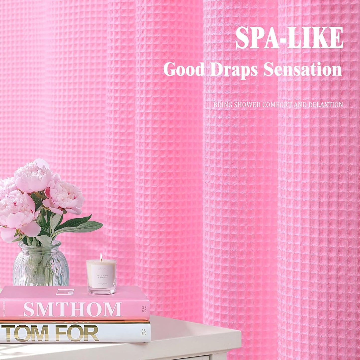 Waffle Weave Shower Curtain - Pink Cotton Fabric Texture Heavyweight Shower Curtain for Bathroom,Washable,72Wx72L